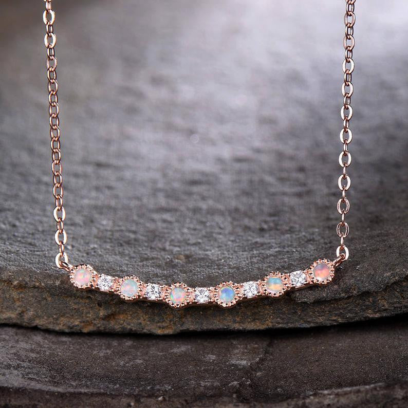 Opal Pendant Necklace with Moissanite - Silver, Rose Gold Plated, 14K or 18K - 14 Inch Chain - Elegant Jewelry Gift for Women, Perfect for Weddings, Anniversaries & Special Occasions