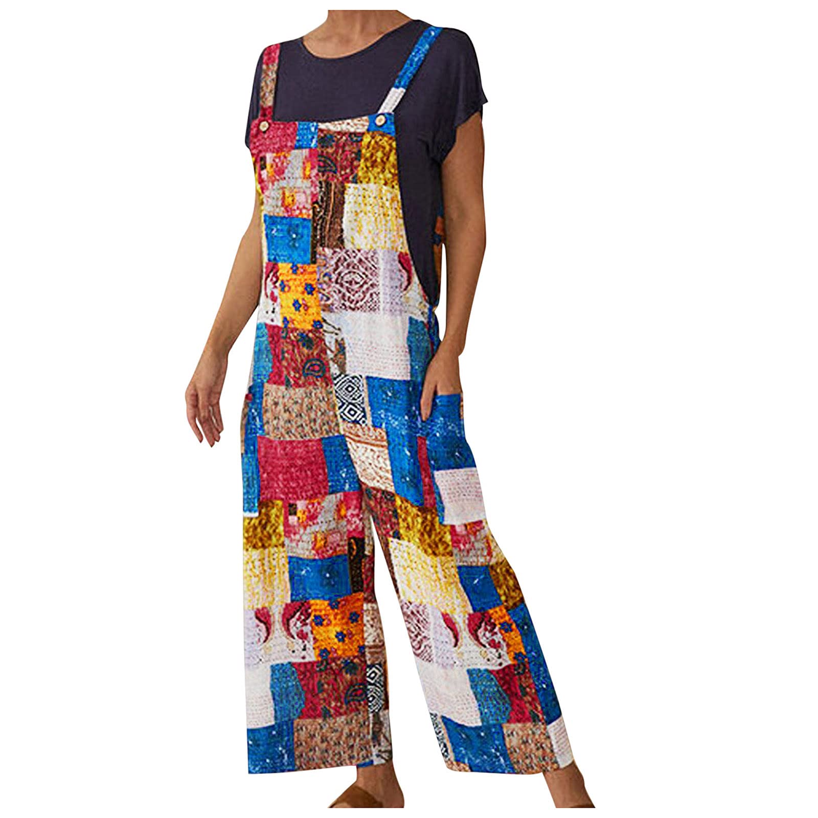 Women's Vintage Print Jumpsuit Romper - Ethnic Style Button-Up Suspenders One Piece Overalls with Pocket | Casual Summer Outfit, Boho Chic Fashion, Beachwear & Street Style