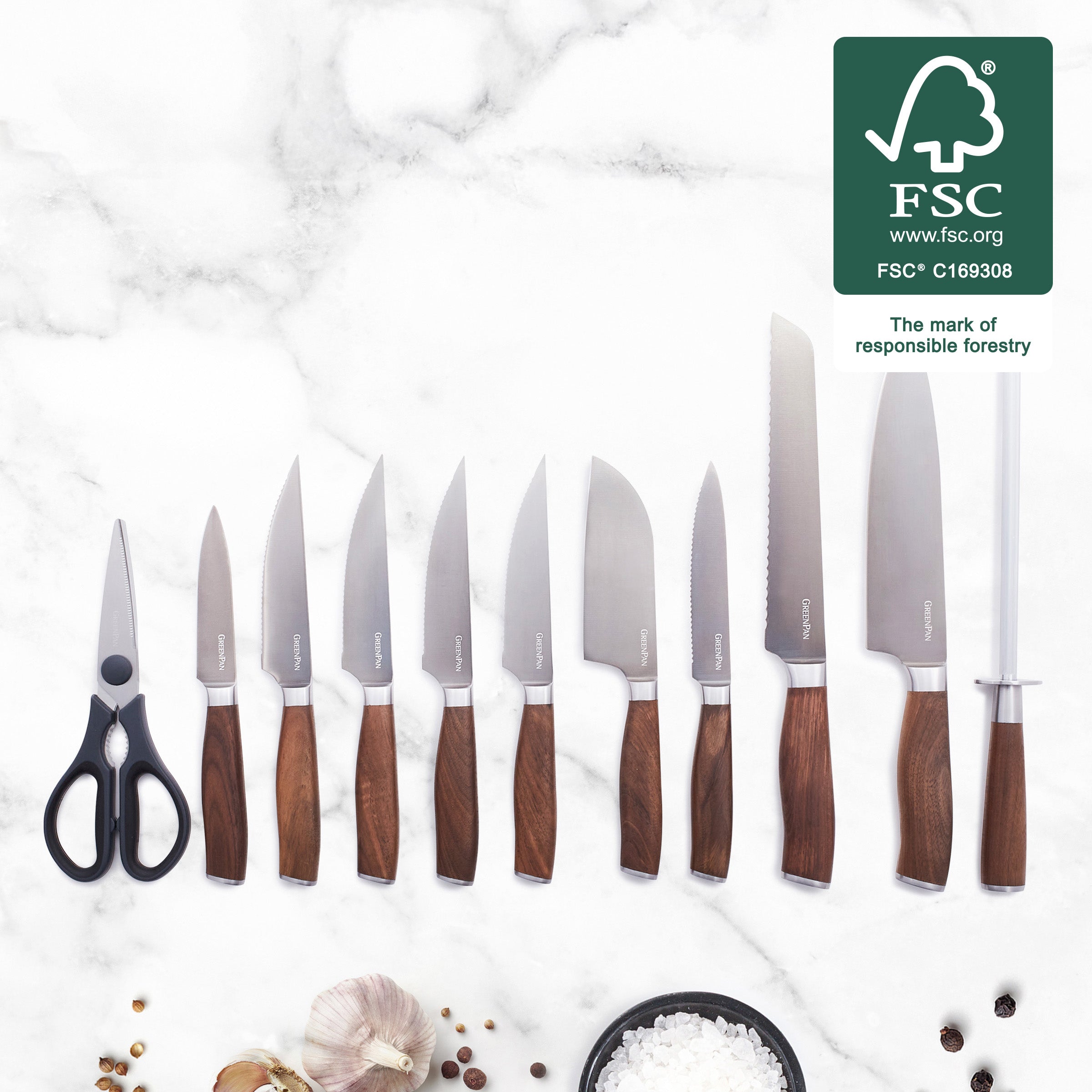 Premium Titanium 12-Piece Knife Block Set with Walnut Handles - Professional Kitchen Knives for Chefs & Home Cooking, Perfect for Slicing, Dicing & Food Prep