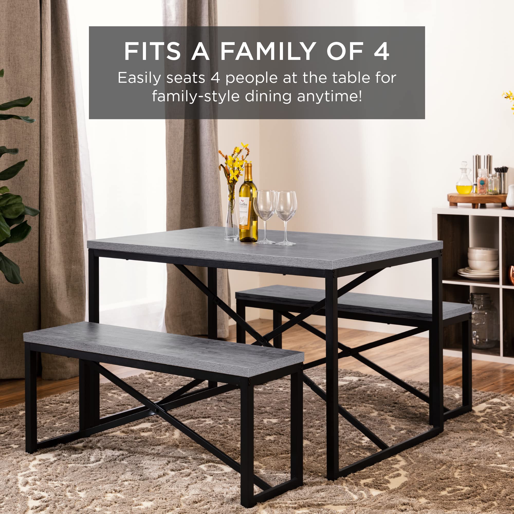 Best Choice Products 45.5in 3-Piece Space Saving Dining Set with Table & 2 Benches - Gray/Black for Kitchen, Small Apartment, Breakfast Nook | Compact 4-Person Dinette Furniture for Dining Room & Kitchenette