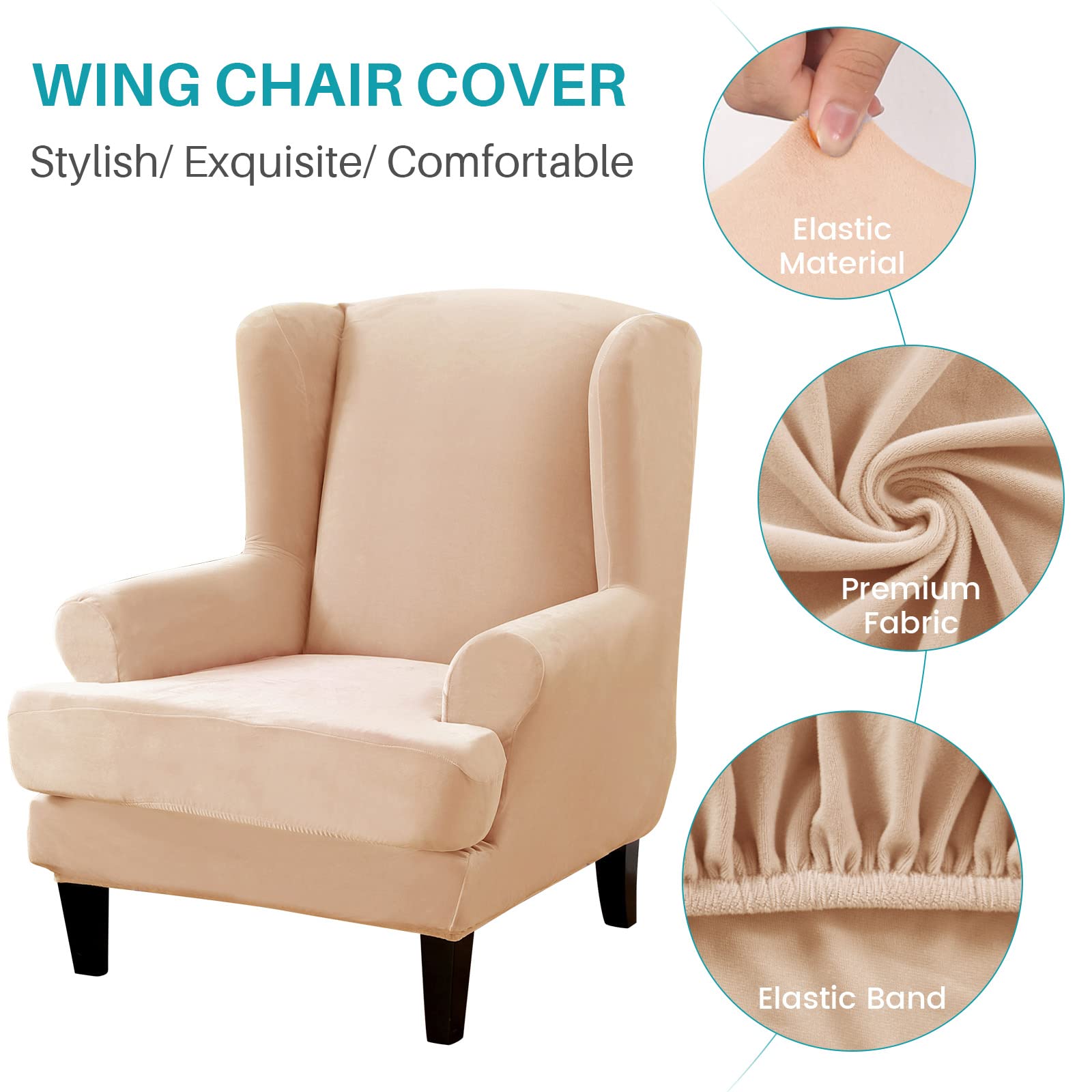 Premium Velvet Stretch Wingback Chair Slipcover Set (2-Piece) with Cushion Cover - Soft, Washable Armchair Protector for Living Room, Bedroom, or Office - Beige Home Decor Furniture Cover