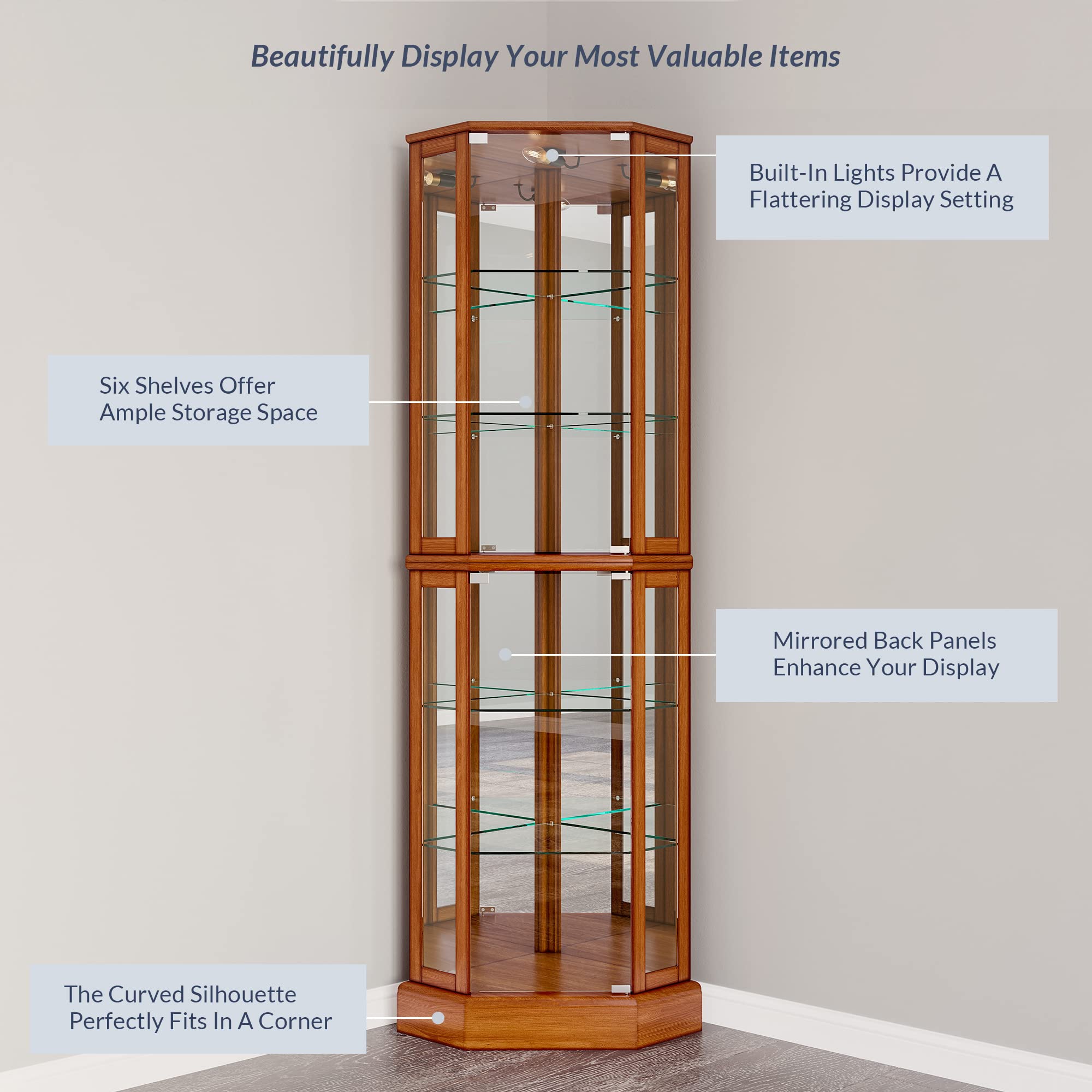 BELLEZE Corner Curio Cabinet with LED Lights - Tempered Glass China Hutch & Bar Storage, Wooden Accent Display Case for Living Room - Ashfield Oak Finish | Perfect for Showcasing Collectibles, China & Liquor Bottles