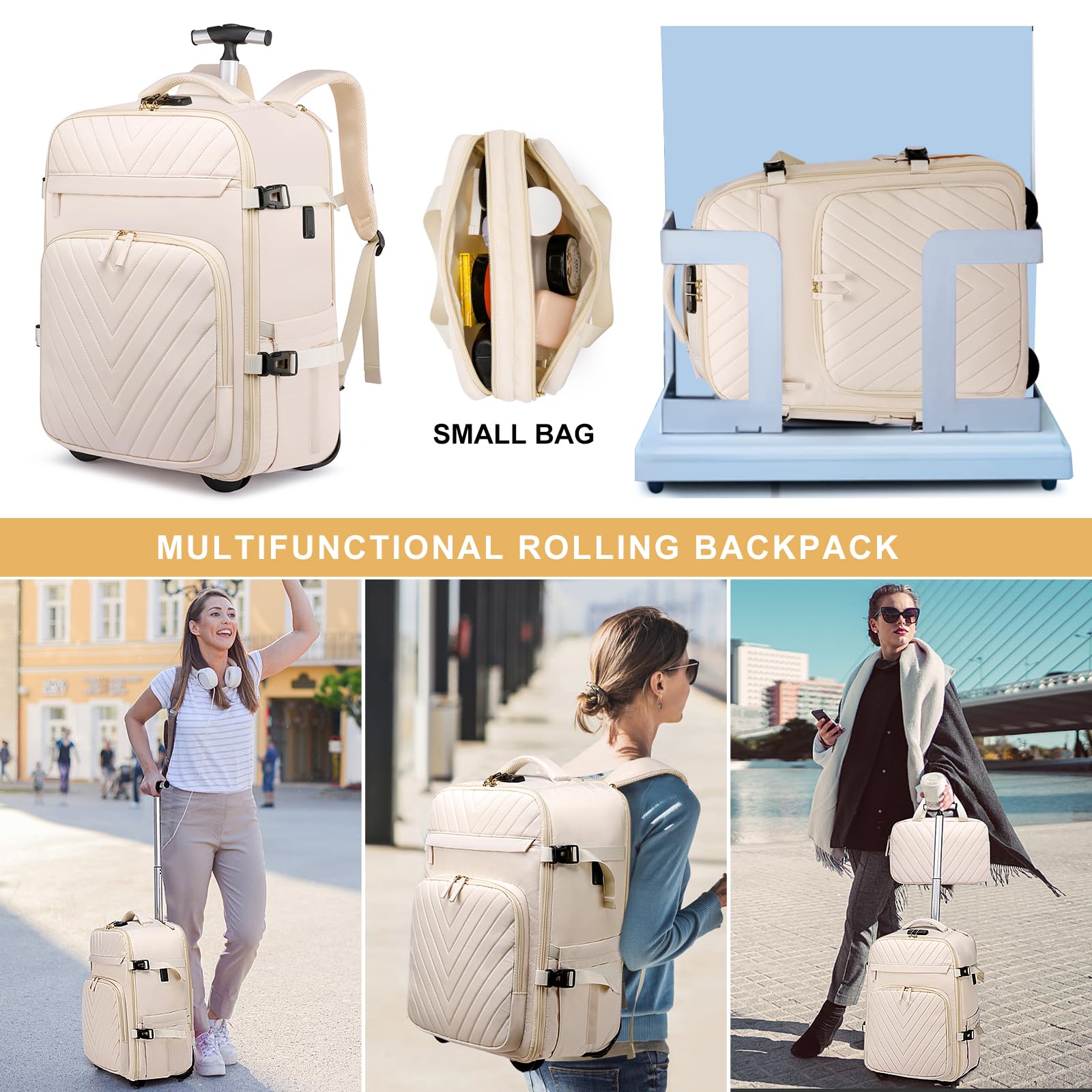 20 Inch Rolling Backpack for Women - Anti-Theft Wheeled Laptop Backpack with USB Charging Port & Lock - Waterproof Business Travel Backpack with 6 Compartments (Beige) - Perfect for Air Travel, Commuting & College Campus Use