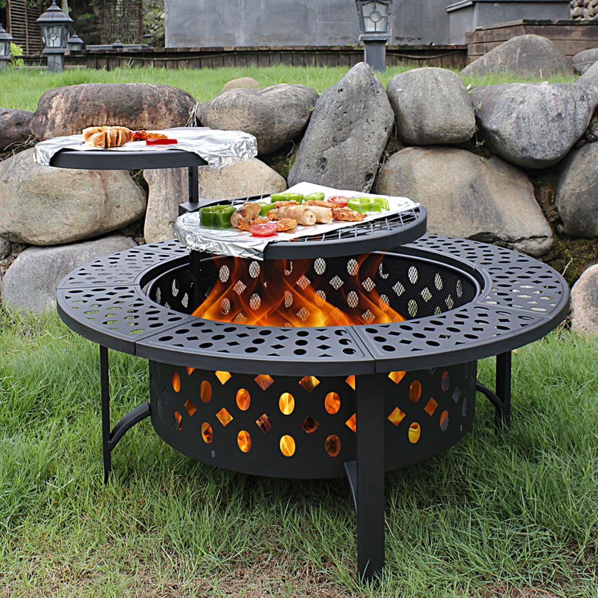 42 Inch Extra Large Wood Burning Fire Pit with 2 Grills, Lid & Poker - Heavy Duty 3-in-1 Outdoor Fire Pit, BBQ Grill & Round Metal Table for Patio, Backyard, Camping, Picnic & Party Gatherings