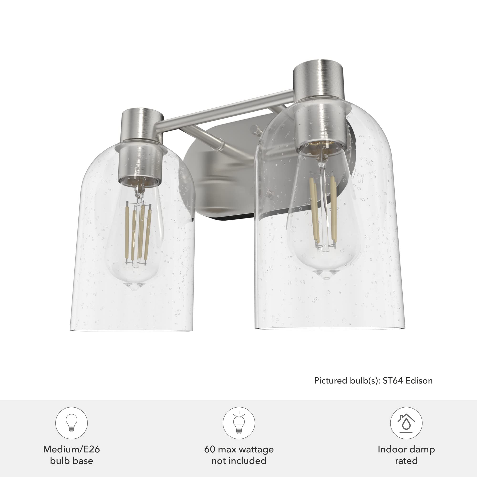 Hunter Fan Company 19778 Lochemeade Vanity Light in Brushed Nickel - Modern Bathroom Lighting Fixture for Dressing Room, Powder Room & Makeup Area
