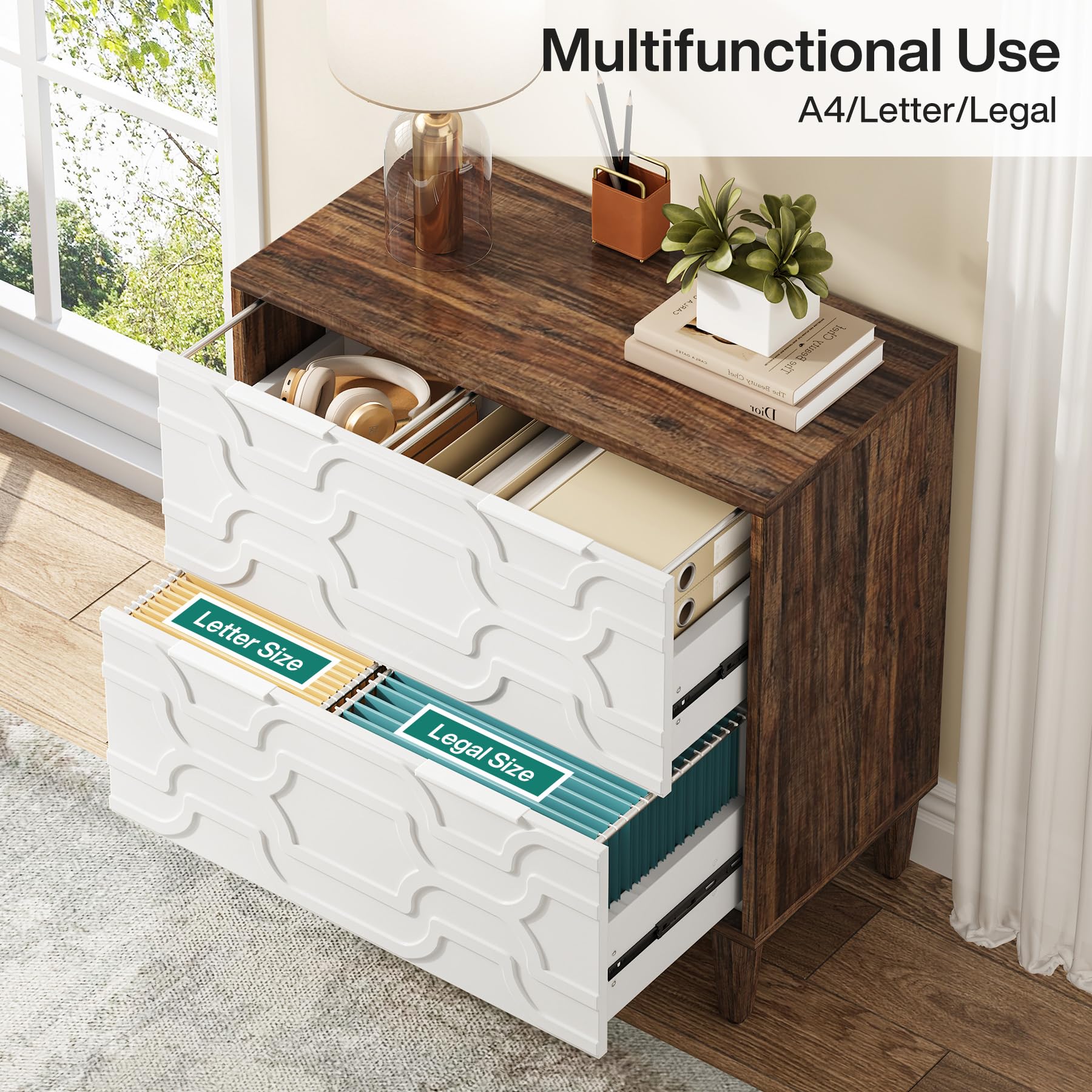 Tribesigns 2-Drawer Lateral File Cabinet for A4/Letter/Legal Size Documents - Office Storage Cabinet with Printer Stand, Home Office Organization Solution in Brown & White - Perfect for Paper Storage, Printer Organization & Workspace Decluttering