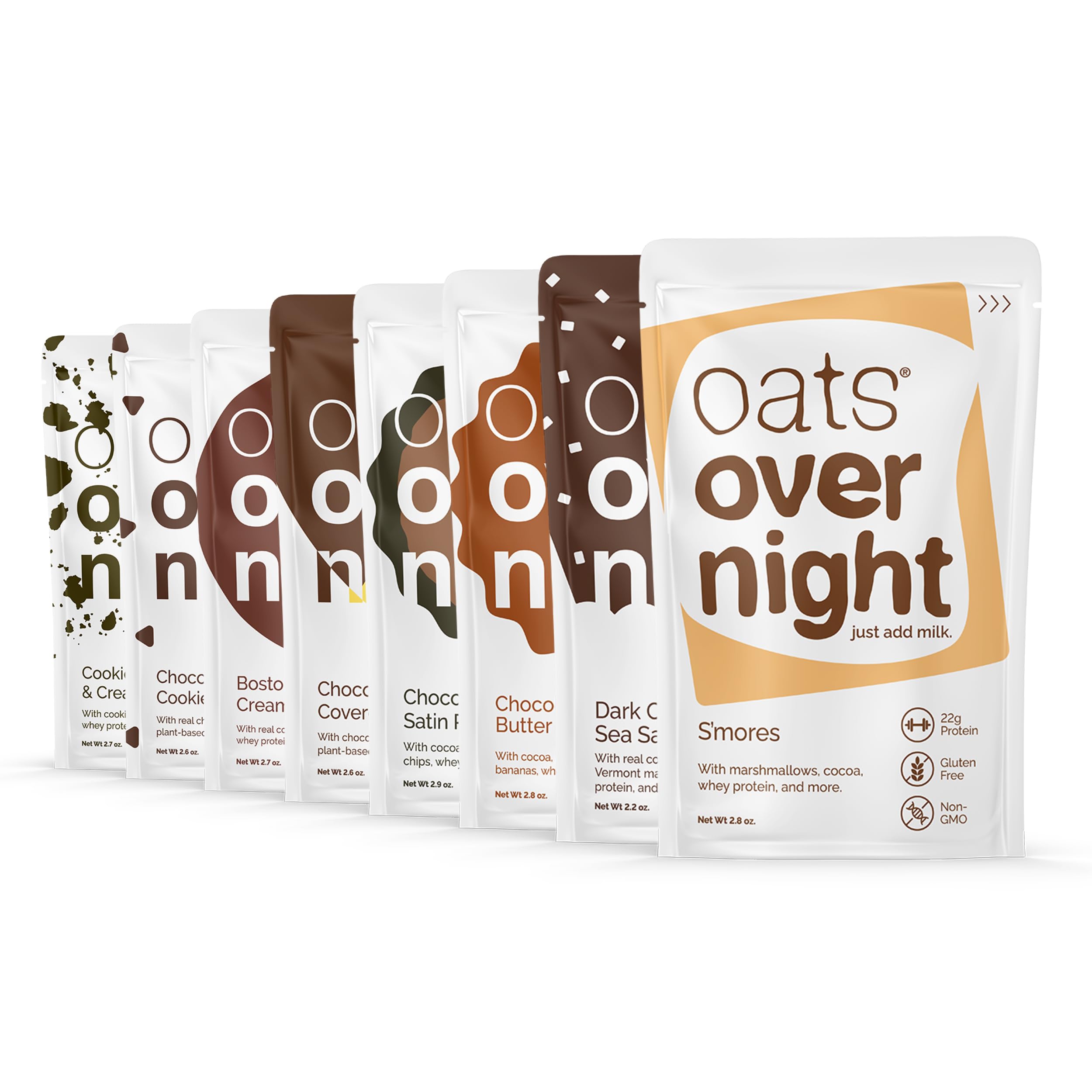 Oats Overnight Chocolate Variety Pack - High Protein & Fiber Breakfast Shake, Gluten Free & Non-GMO Oatmeal - Smores, Dark Chocolate Sea Salt (8 Pack) | Quick Healthy Breakfast, Post-Workout Meal, On-the-Go Nutrition