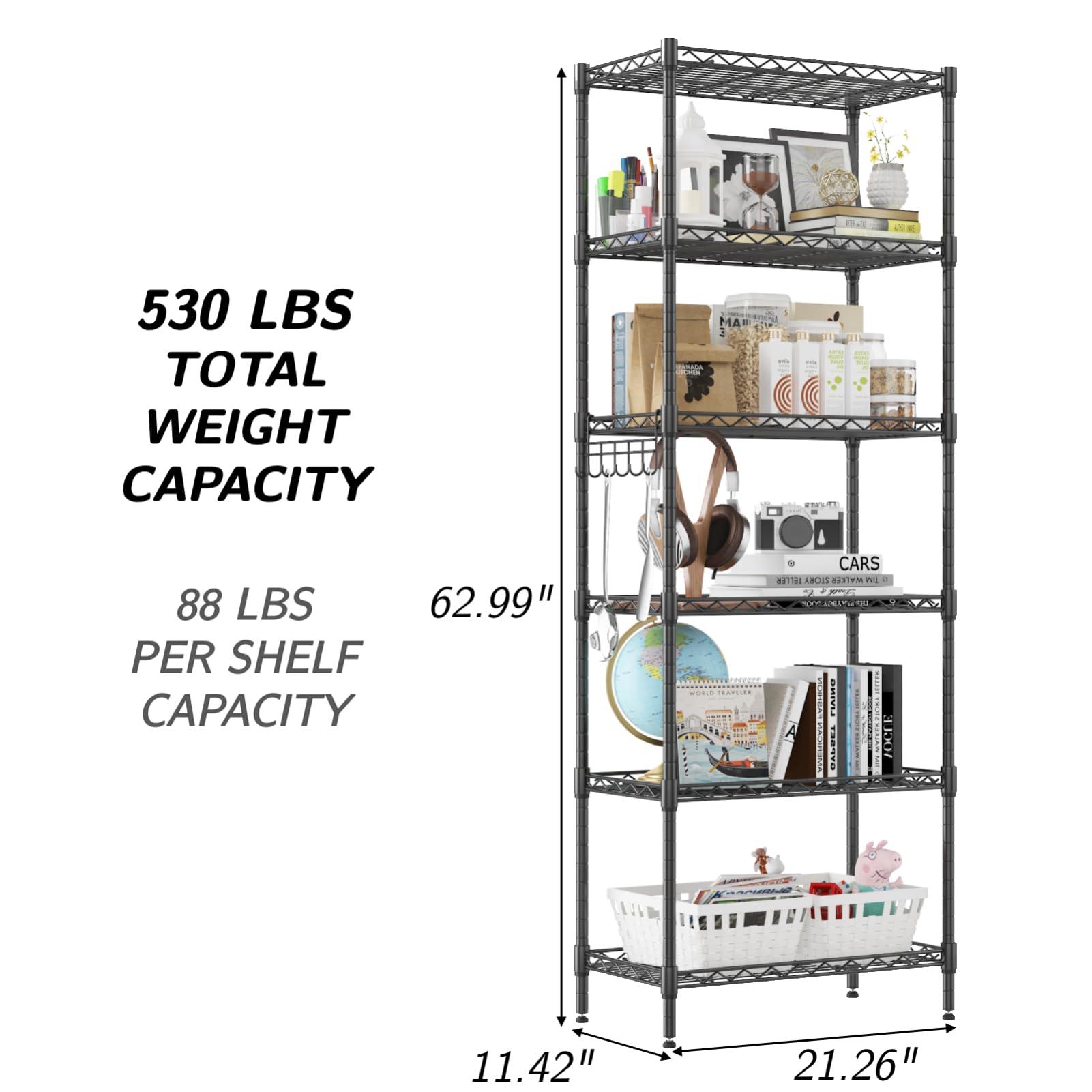 Homdox 6-Tier Heavy Duty Wire Shelving Unit - Adjustable Free Standing Storage Rack with Leveling Feet & Stainless Steel Side Hooks, Black - Perfect for Garage, Pantry, Closet, and Office Organization