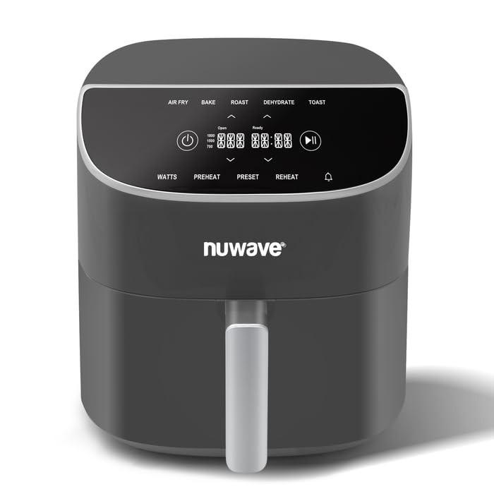 Nuwave 8QT Brio Air Fryer Plus - Digital LED Touch Screen, 50°F~400°F Temperature Range, 5° Precise Control, 3 Power Settings, 5 Cooking Functions, 50 Memory Presets, PFAS-Free, Cool Gray - Perfect for Healthy Frying, Baking, Roasting & Reheating at Home