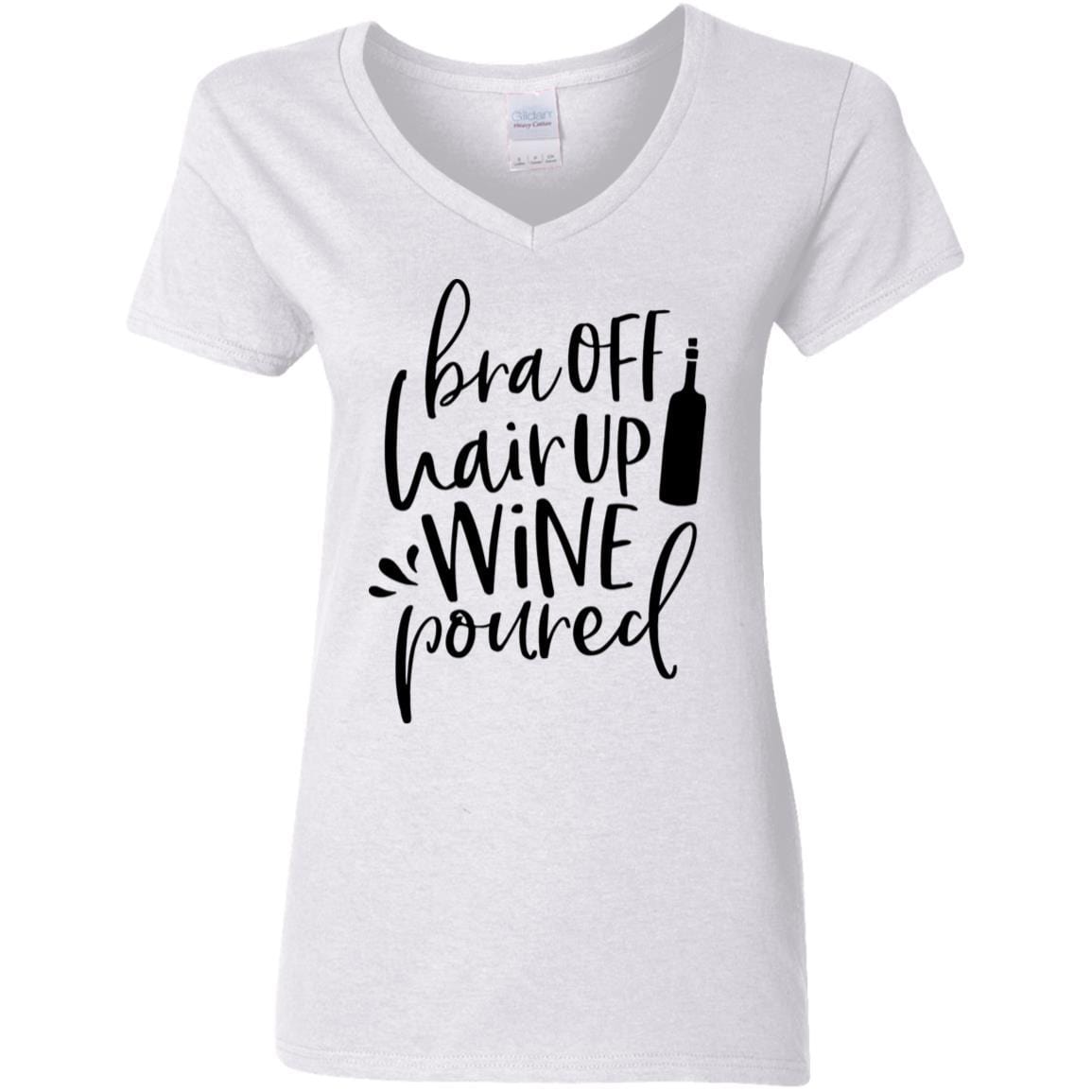 WineyBitches.Co Women's 5.3 oz V-Neck T-Shirt with 'Bra Off Hair Up Wine Poured' Slogan (Black Lettering) - Perfect for Wine Nights, Girls' Parties & Relaxing at Home