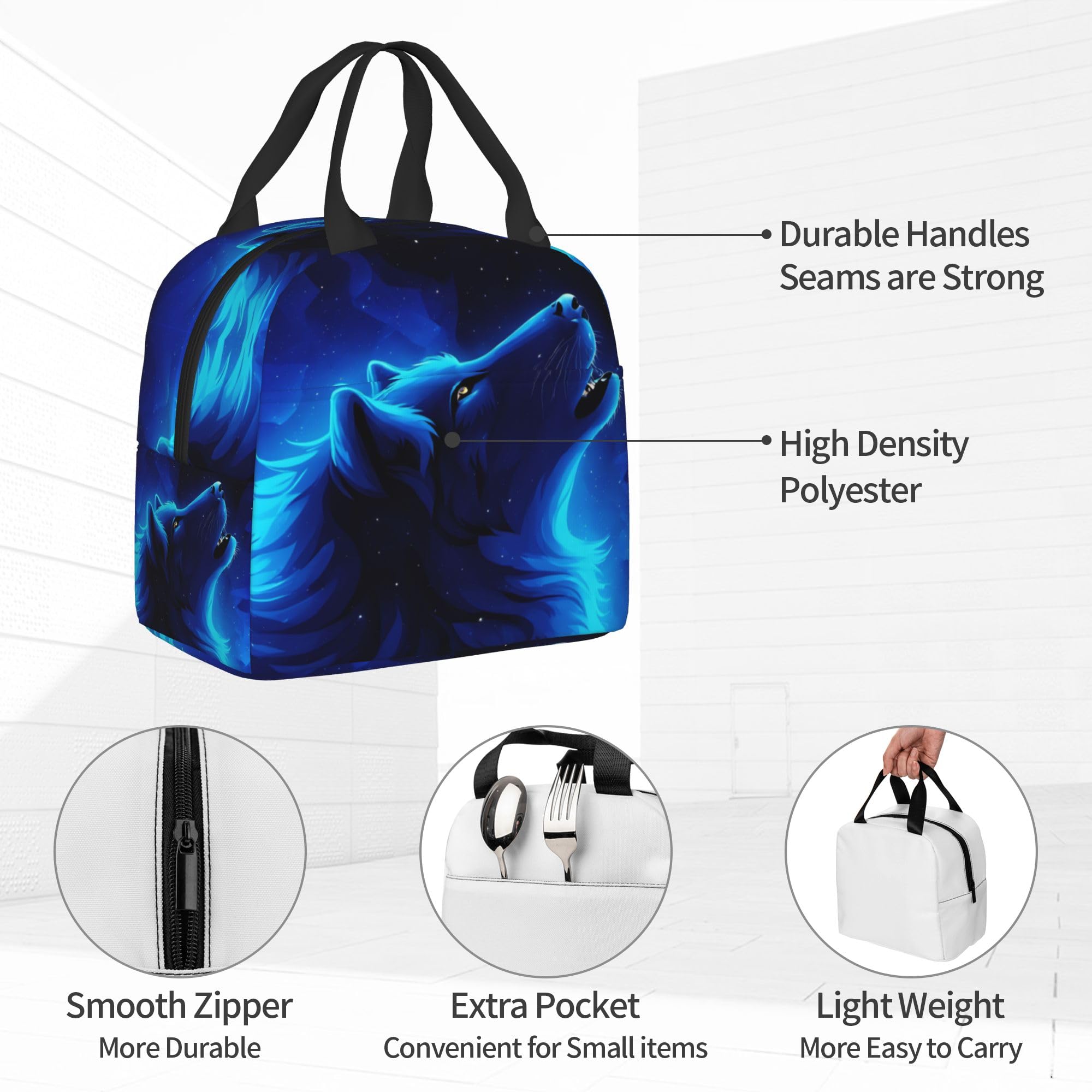Insulated Blue Galaxy Wolf Lunch Box - Reusable Meal Bag for School, Work, Travel & Picnic | Food Container for Kids, Men & Women | BPA-Free Leakproof Snack Bag for Daily Use