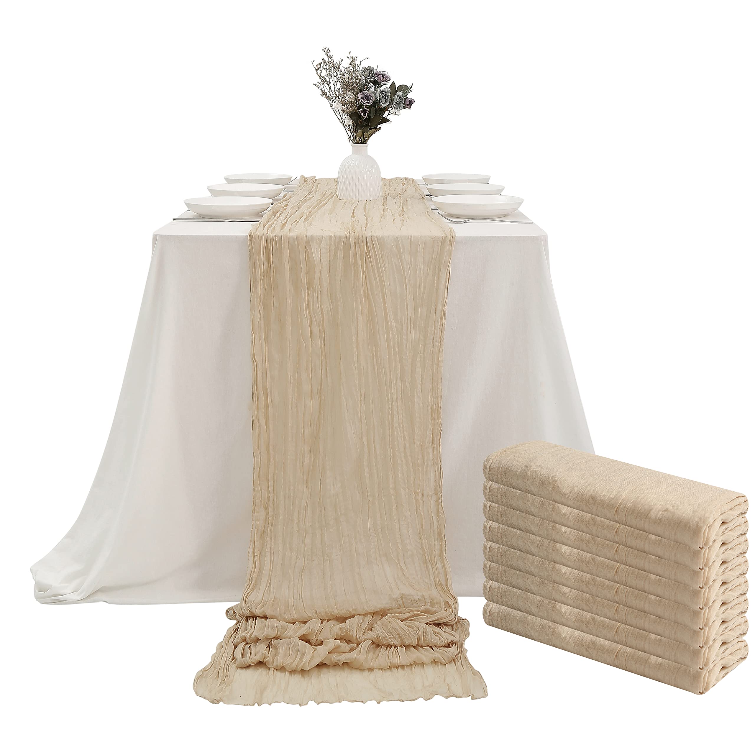 8PCS Beige Cheesecloth Table Runners - 13.3ft Boho Gauze Fabric, Rustic Sheer Table Decor for Wedding, Bridal Shower, Birthday Party, Cake Table, Home Dining & Outdoor Picnic Decorations