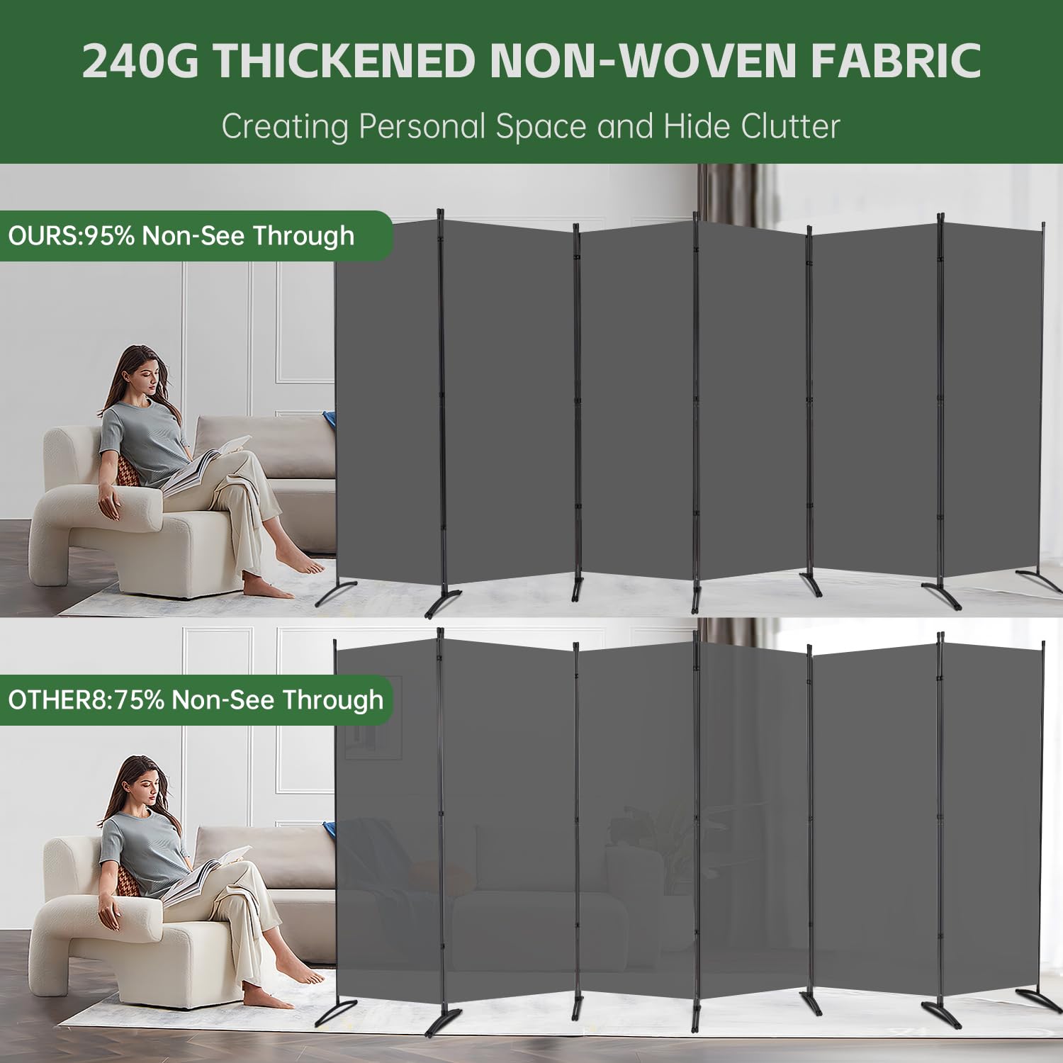 YASRKML 6-Panel Folding Room Divider Privacy Screen - Portable Freestanding Partition Panel with Fabric for Home & Office Separation - Grey | Ideal for Bedroom Privacy, Studio Dividers, and Open Space Organization