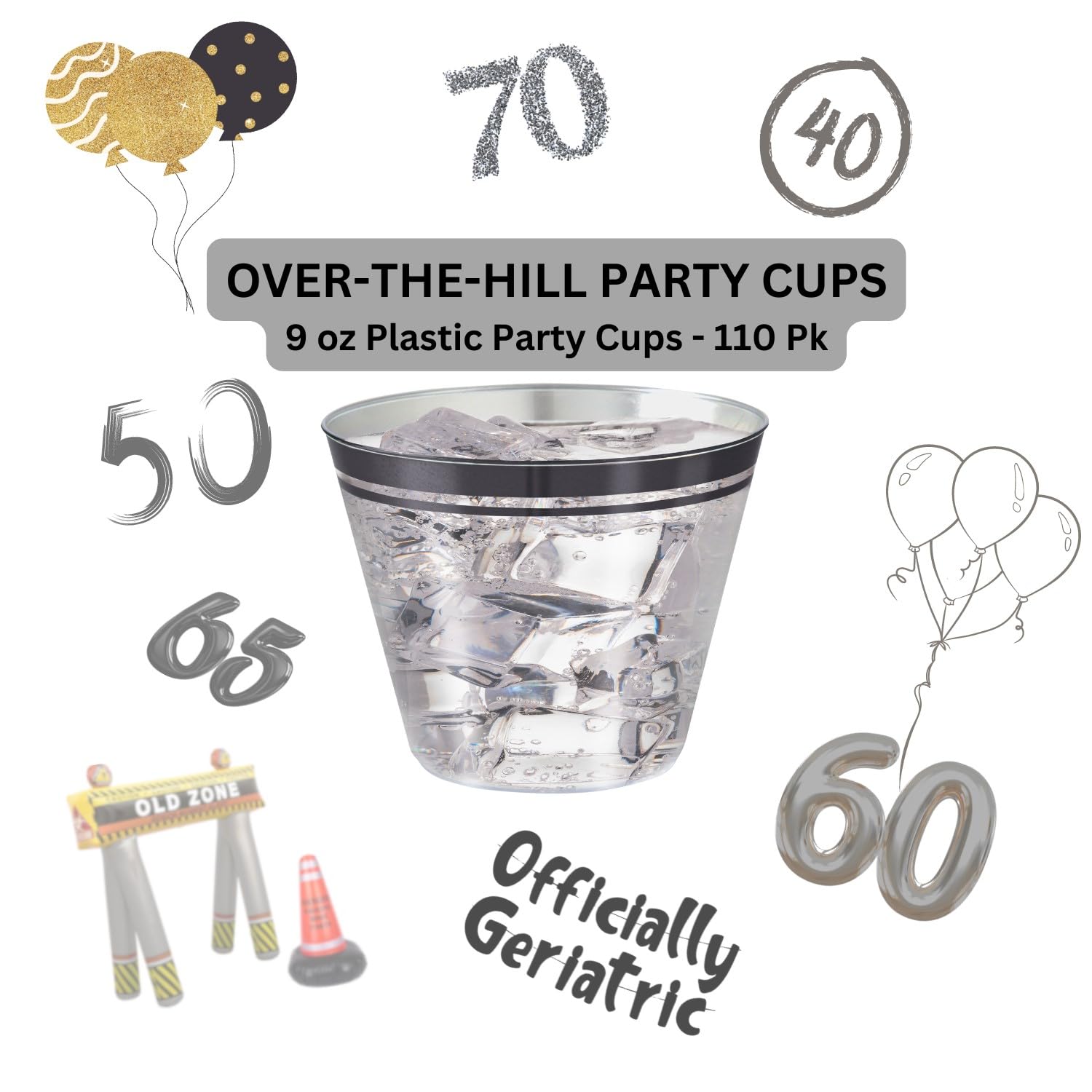 110 Black Rimmed Clear Plastic Cups 9 oz - Elegant Disposable Cups for Weddings, Holidays & Parties - Perfect for Over the Hill Celebrations, Bridal Showers & Elegant Events
