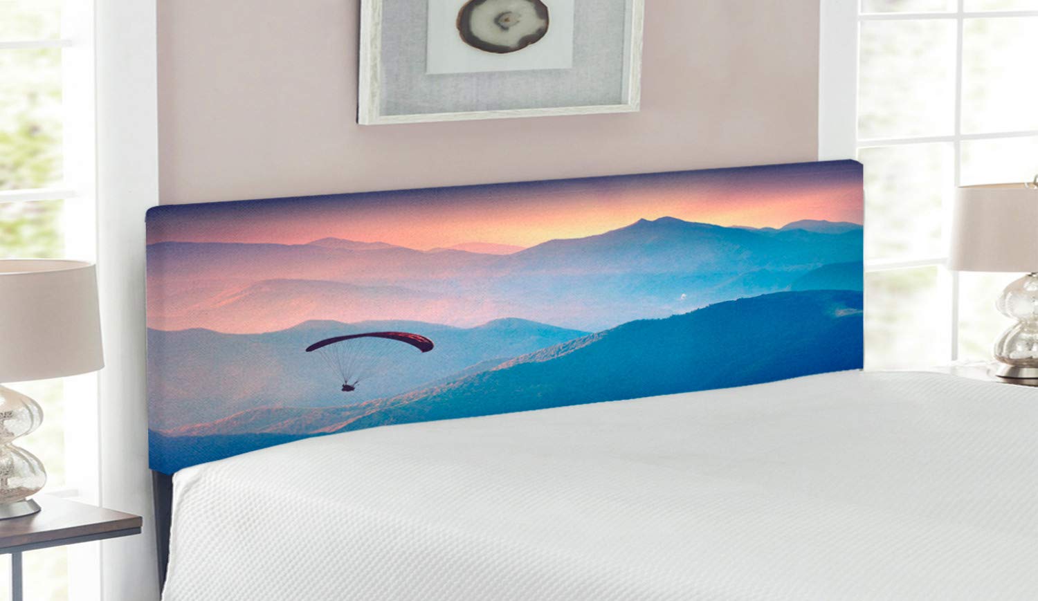 Ambesonne Sports Themed Upholstered Headboard - Paragliding Over Majestic Mountains Sunrise Design, Memory Foam Cushioned Metal Bed Headboard for Queen Size Beds, Blue & Pink - Perfect for Sports Enthusiasts' Bedrooms & Adventure-Themed Home Decor