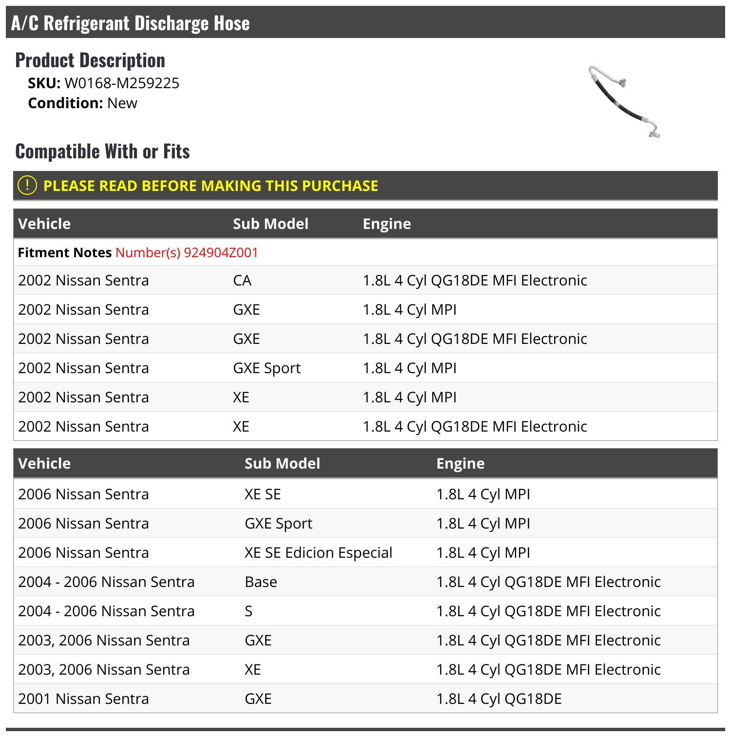 R134a AC Refrigerant Discharge Hose for 2001-2006 Nissan Sentra - Perfect for AC System Repair & Maintenance