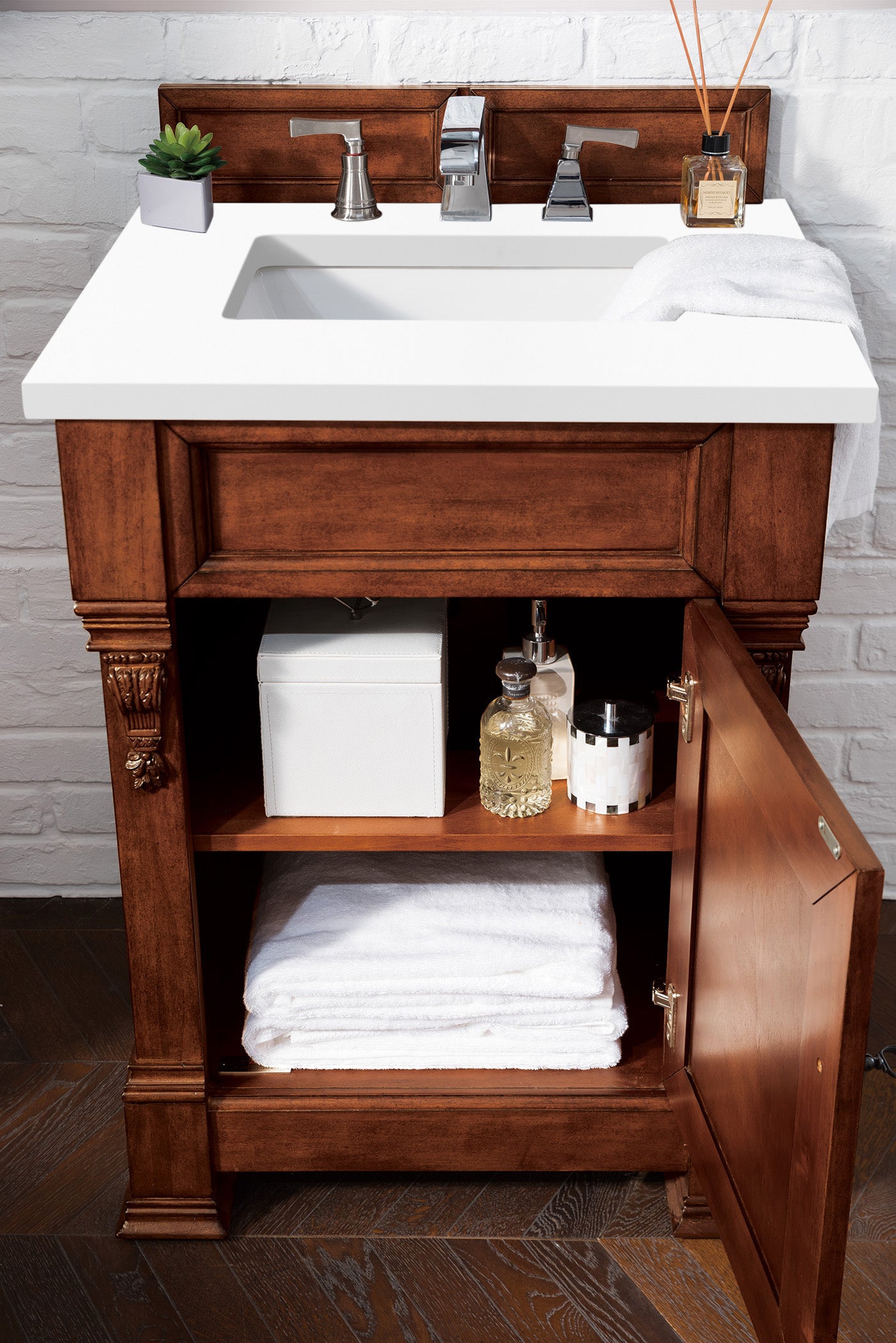 Brookfield 26 Inch Single Bathroom Vanity with Warm Cherry Finish & 3CM Classic White Quartz Countertop - Perfect for Modern & Traditional Bathroom Remodels