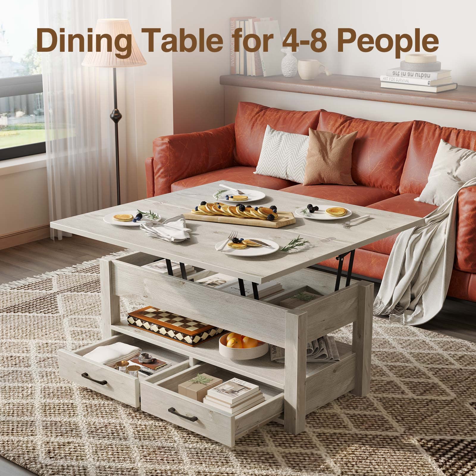 Rolanstar Lift Top Coffee Table - Convertible to Dining Table with Drawers & Hidden Storage | Multi-Functional Living Room & Home Office Furniture in Grey | Perfect for Small Spaces, Entertaining & Remote Work