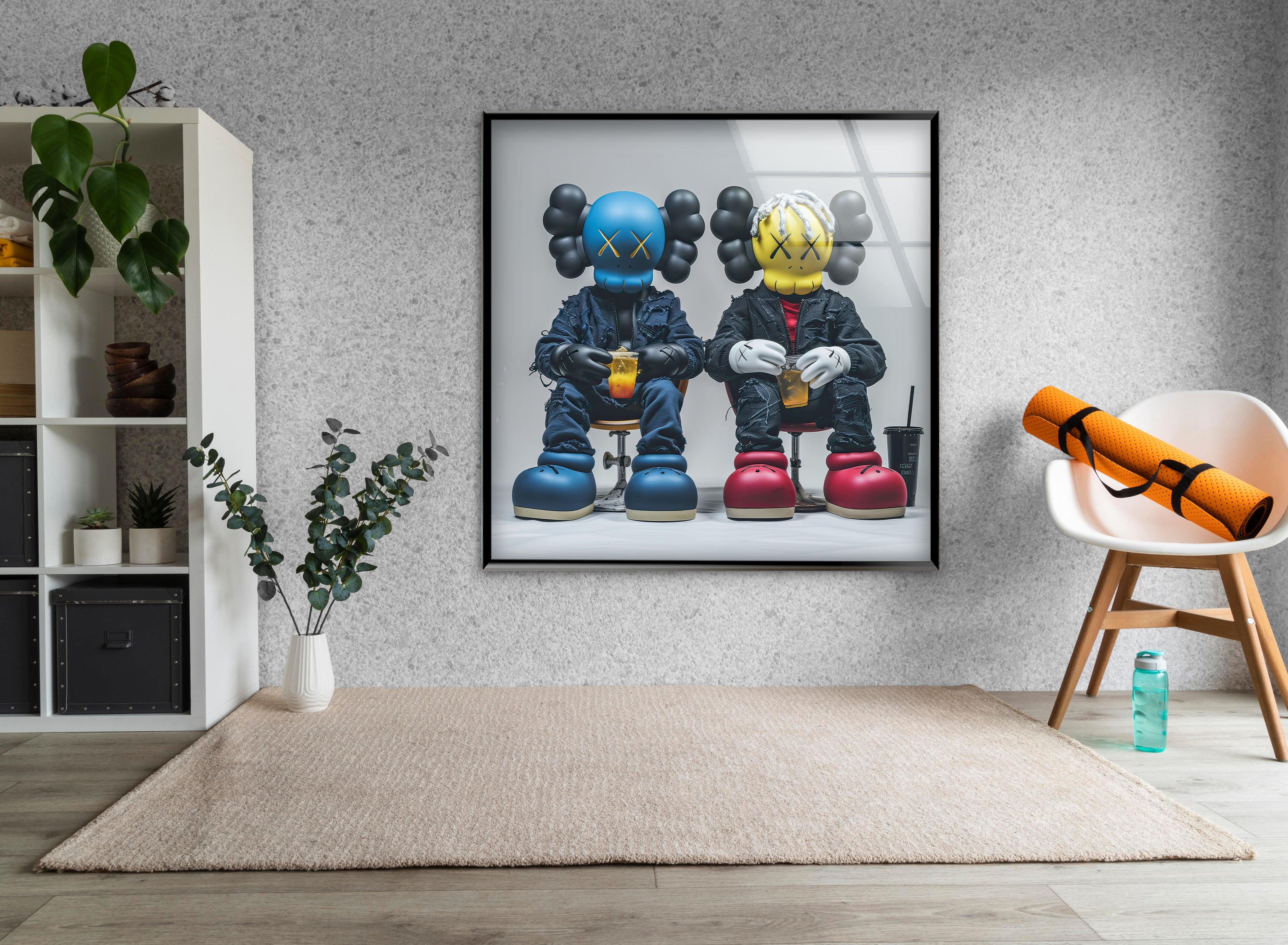 Blue & Yellow KAWS Wall Art Glass Decor - Modern Home & Office Decor for Living Room, Bedroom, or Gift