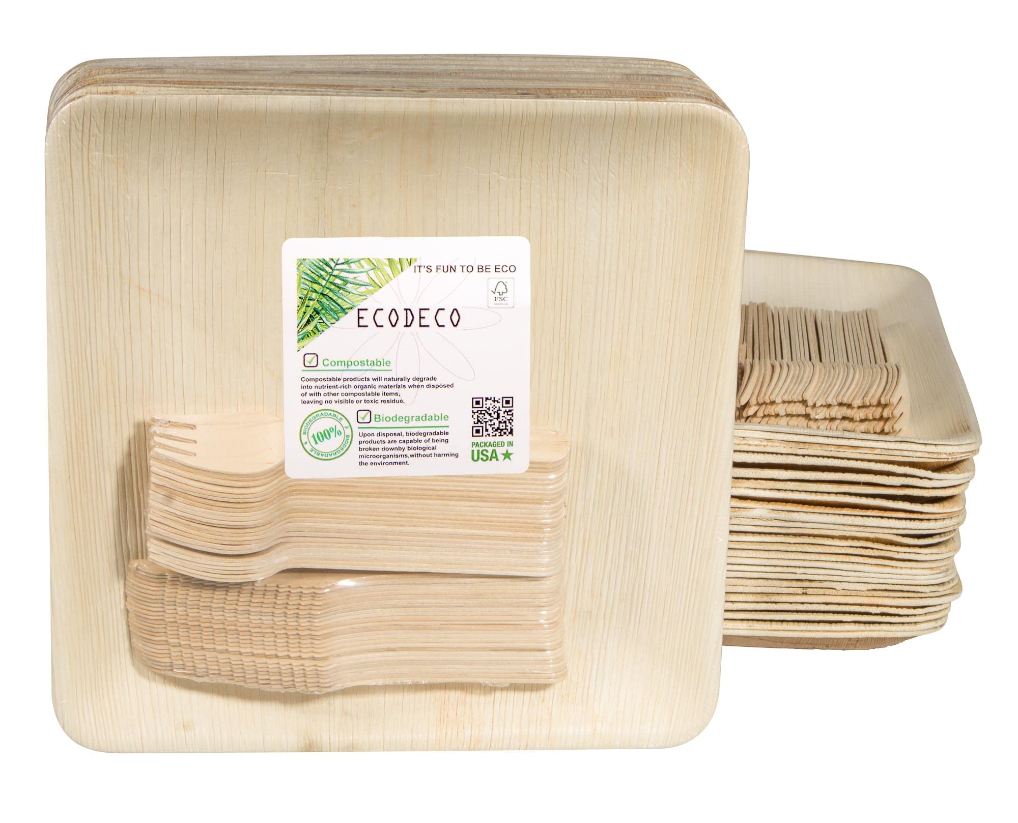 ECODECO 10 Inch Square Palm Leaf Compostable Plates - 50 Pack Eco-Friendly Disposable Dinnerware Set with Cutlery, Biodegradable Like Bamboo Plates for Parties, Picnics & Sustainable Events