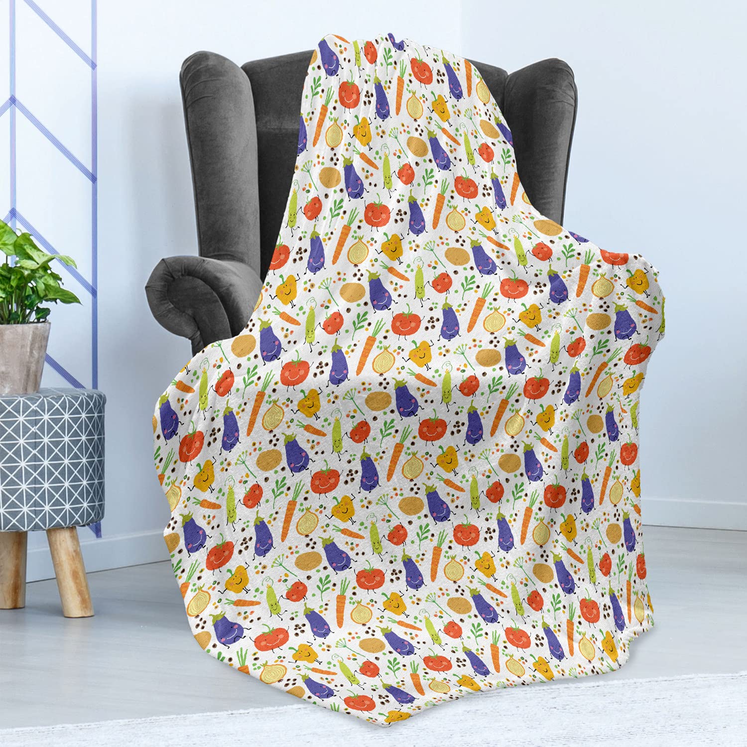 Ambesonne Vegetable Throw Blanket - Cartoon Eggplant Tomato Pattern, Soft Flannel Fleece 60