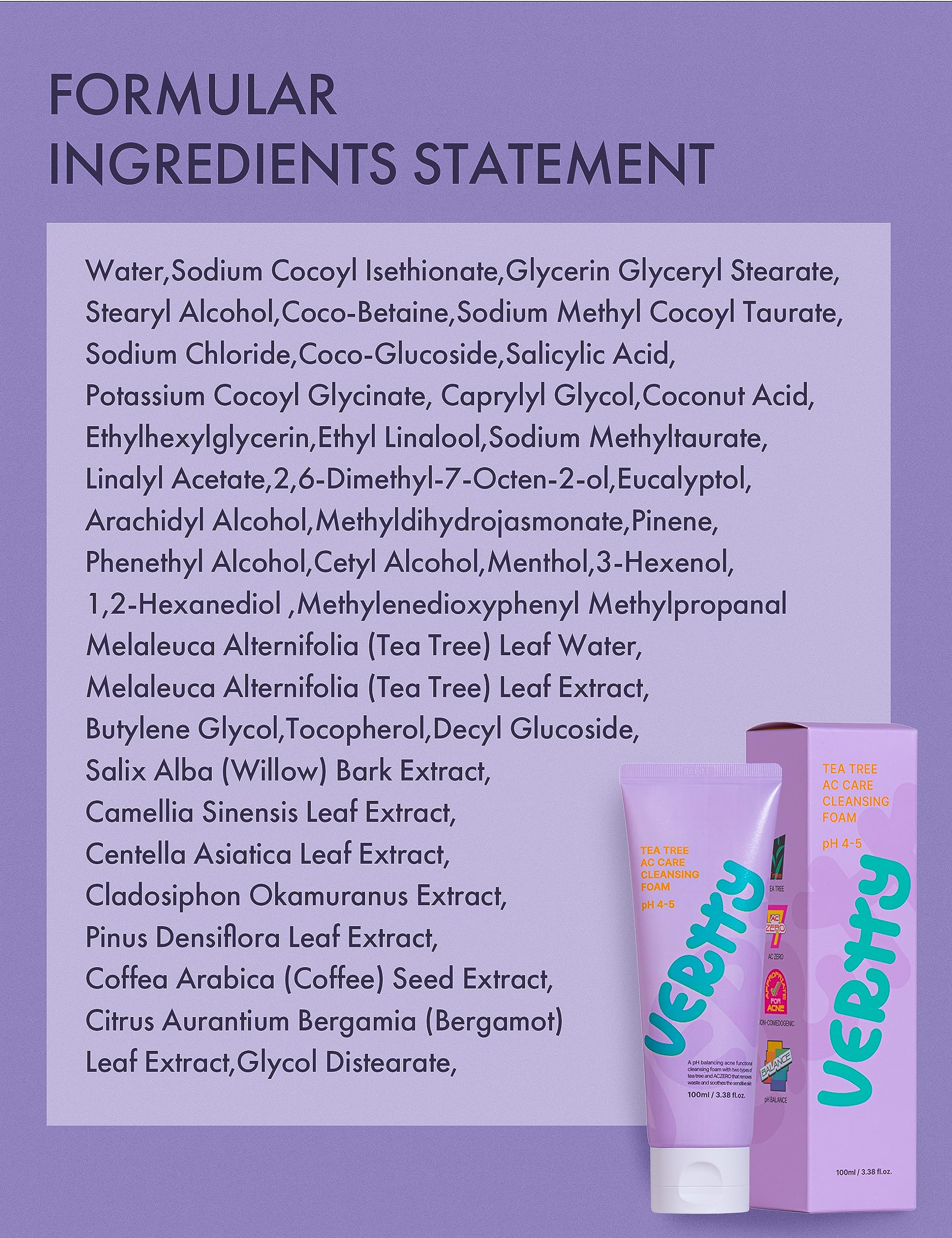 Vertty Tea Tree Vegan Cleansing Foam - Oil Control Face Wash with Hydro Boost for Sensitive Skin | Exfoliating, Moisturizing & Hydrating Daily Cleanser | Gentle Formula for Teens & Kids Skincare Routine (3.38oz) | Perfect for Morning & Nighttime Face Cleansing