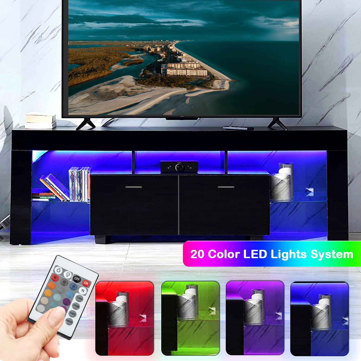 65 Inch LED TV Stand with Glossy Finish & Storage Cabinet - Modern Entertainment Center with LED Lights, Black Media Console for Living Room - Perfect for Home Theater & Gaming Setup