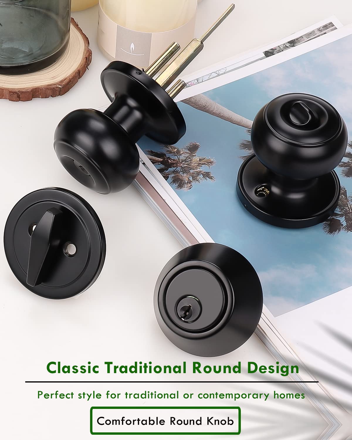 2 Pack Keyed Alike Door Knobs & Deadbolt Lock Set - Matte Black for Home Security