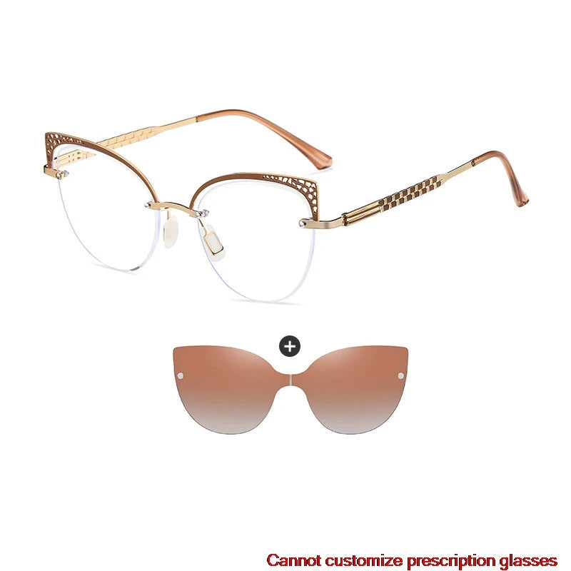 CCSpace Women's Full Rim Oval Cat Eye Alloy Eyeglasses with Clip-On Sunglasses - Fashionable Retro Frame for Work, Driving & Outdoor Activities (Model 302035)