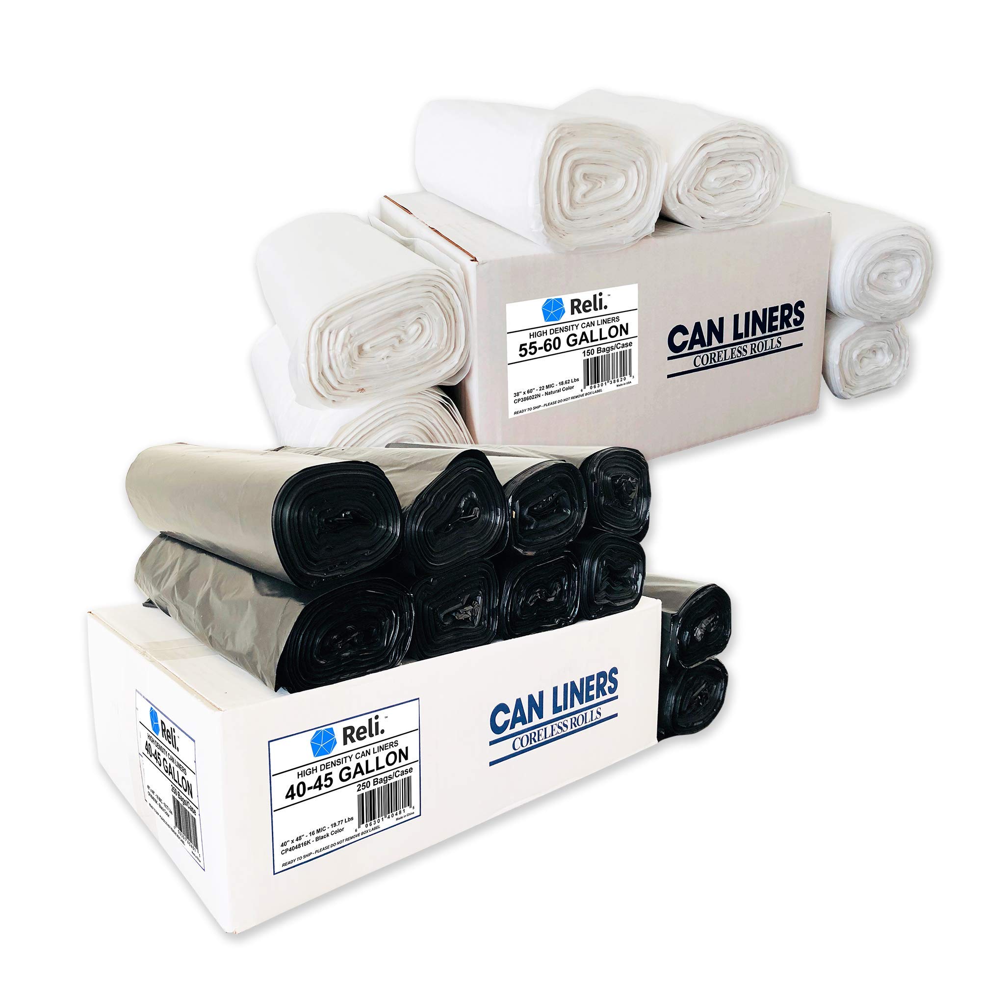 Heavy Duty 40-45 Gallon Trash Bags (250 Count) & 55 Gallon Trash Bags (150 Count) - Extra Thick, Leak Proof, Tear Resistant - Perfect for Home, Office, Commercial Use and Large Waste Disposal