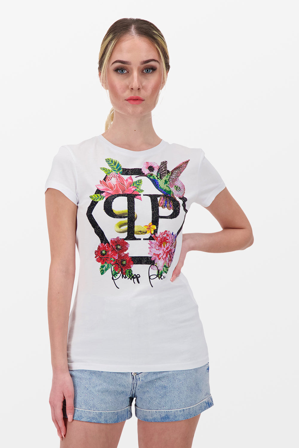 Philipp Plein White Round Neck Short Sleeve Floral T-Shirt for Women | Casual Summer Fashion Top | Perfect for Beach Outings & Street Style