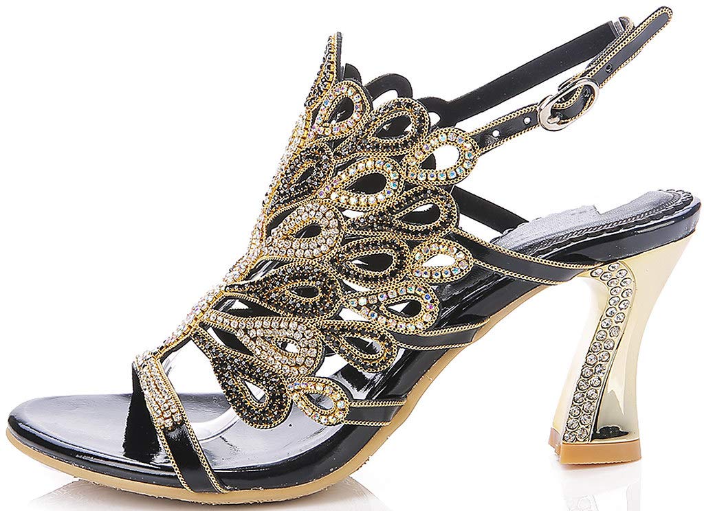 LizFoYa Women's Rhinestone Peacock Wedding Sandals - Elegant Chunky High Heels for Evening Dresses, Prom, Bridal Party & Special Occasions