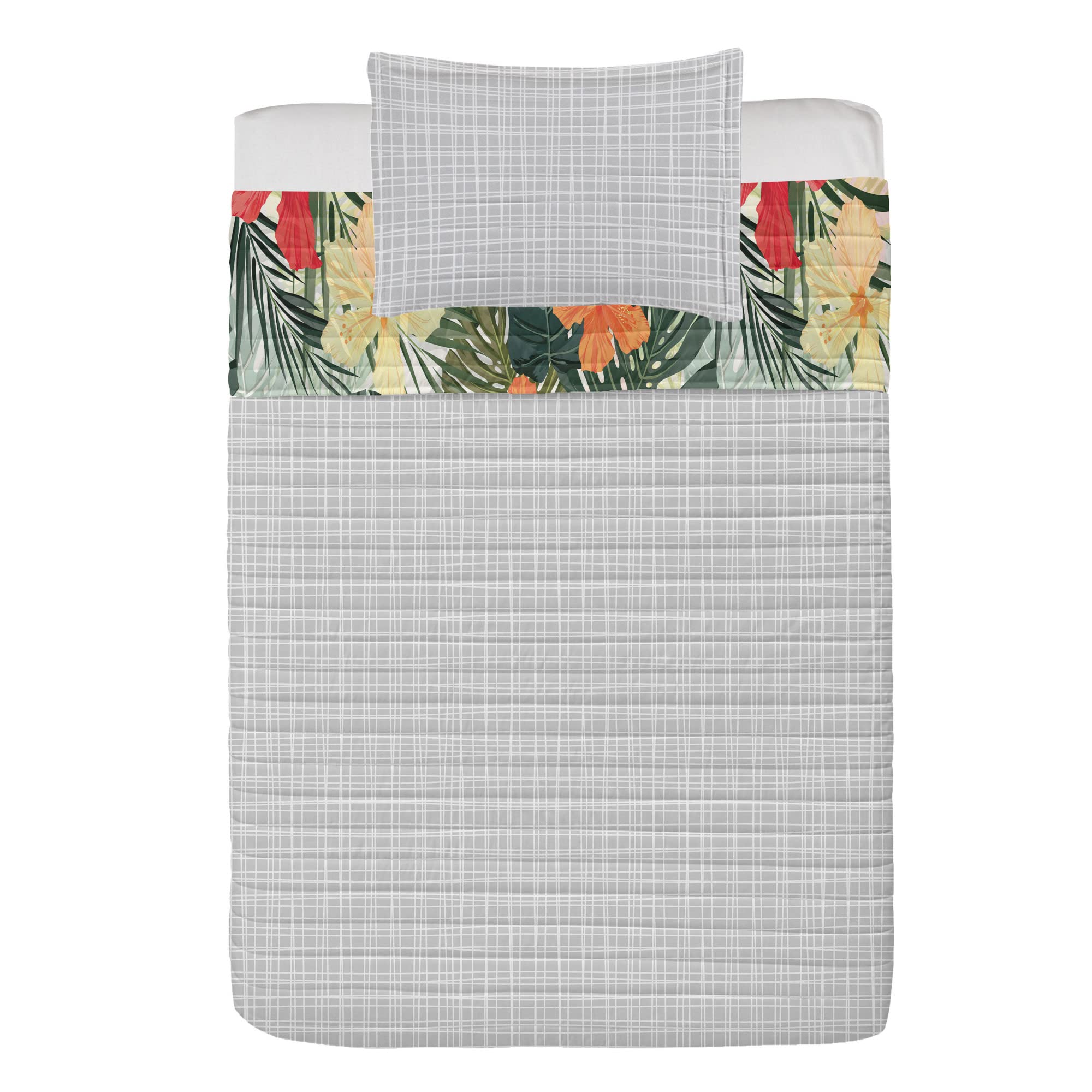 Ambesonne Reversible Leaf Bedspread Set - Tropical Hawaiian Summer Island Design with Hibiscus Flowers & Vegetation, Microfiber Comforter & Pillow Shams, Twin Size in Green, Orange & Yellow - Perfect for Beach House, Summer Bedroom Decor & Tropical Themed Rooms