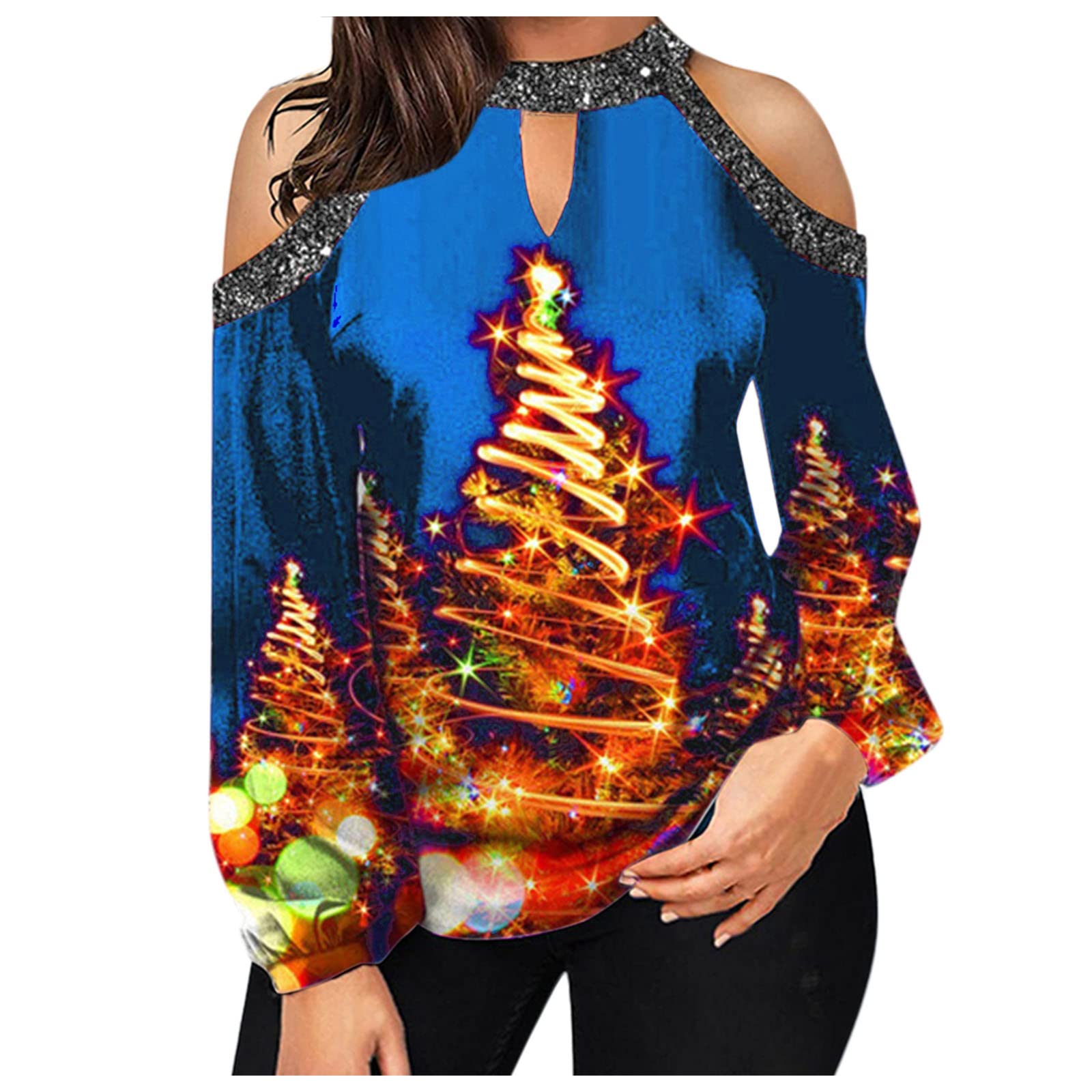 FMCHICO Women's Off Shoulder Christmas Tops - Casual Long Sleeve Pullover Blouse for Holiday Parties & Festive Gatherings