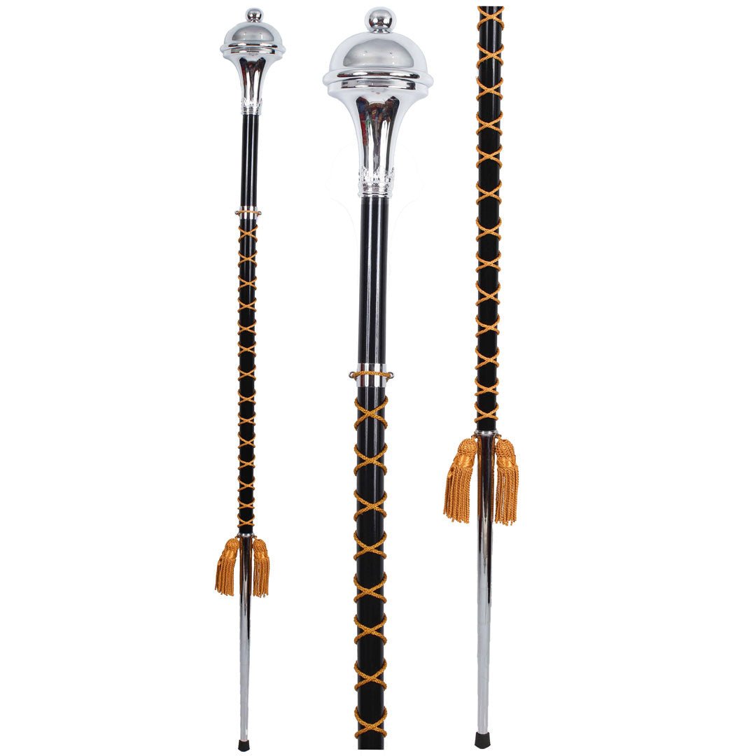 Drum Major Mace Stave - Premium Beech Wood Black Shaft with Gold Silk Cord & Ball Top - Perfect for Marching Band Performances and Parades