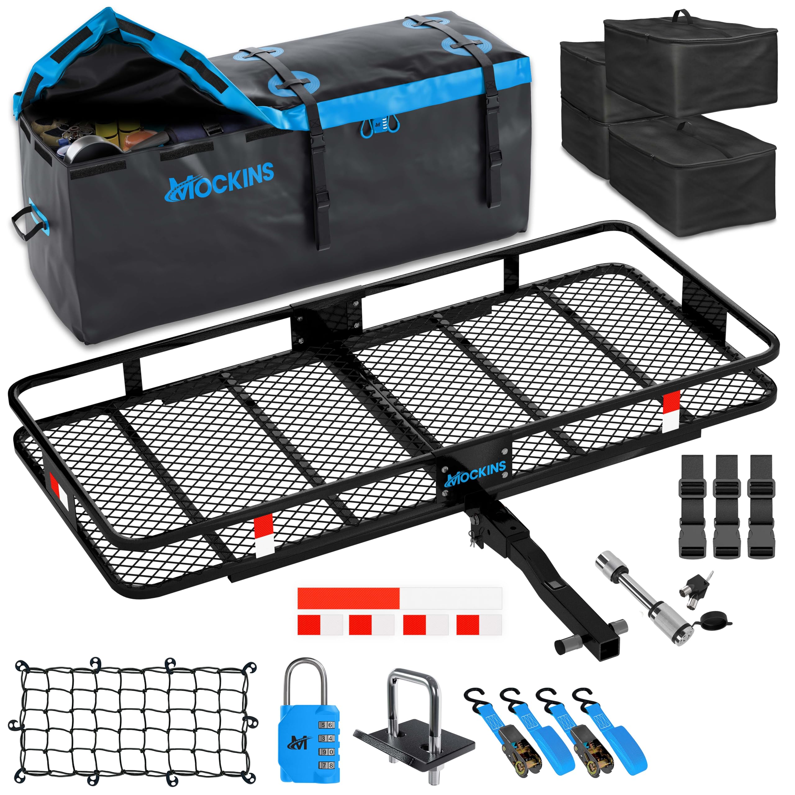 Mockins 60x20x6 Inch Folding Trailer Hitch Cargo Carrier with 16 CuFt Waterproof Vinyl Cargo Bag & 4 Packing Cubes – 500 Lbs Capacity SUV/Car Luggage Rack | Perfect for Road Trips, Camping Gear Storage & Truck Bed Organization