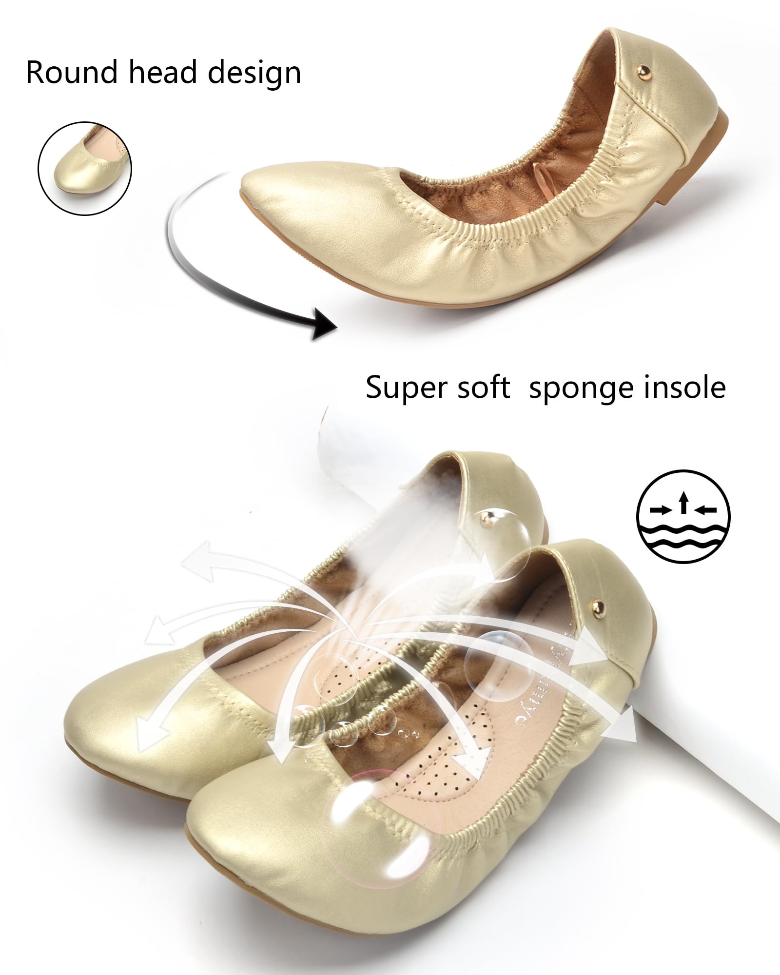 Women's Comfortable Ballet Flats Shoes - Elegant Round Toe Ballerina Flats for Dressy & Casual Wear | Perfect for Office, Parties & Everyday Use (Gold)
