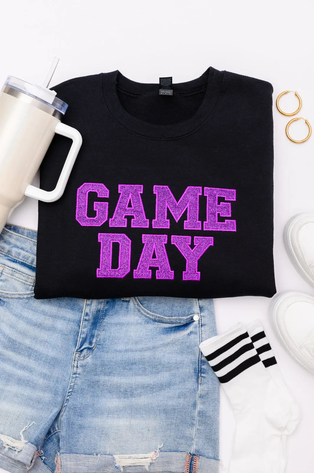 PREORDER: Embroidered Glitter Game Day Sweatshirt - Black & Purple | Women's Sports Fan Apparel for Football, Basketball & Tailgating Parties