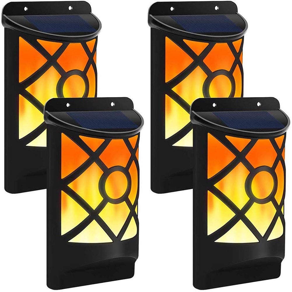 96 LED Solar Wall Lights with Flickering Flame Effect - Waterproof Outdoor Solar Street Lights with Auto On/Off Sensor - Perfect for Garden, Pathway, Balcony, Deck, Yard & Halloween Decor (4-Pack) - Ideal for Landscape Lighting, Patio Ambiance & Nighttime Safety