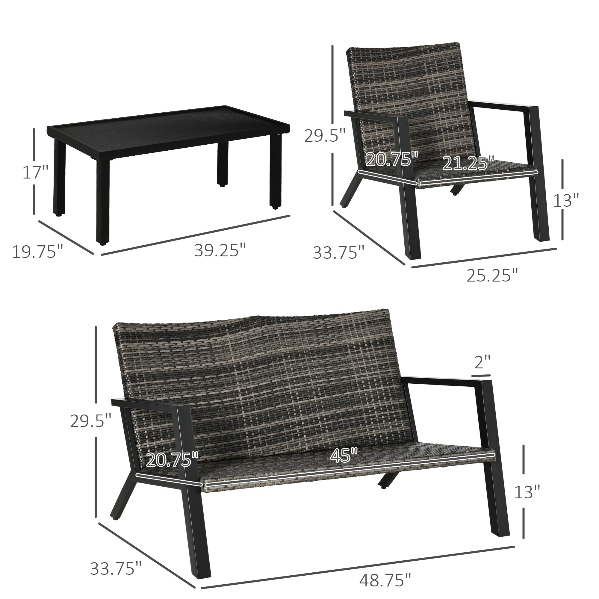Outsunny 4-Piece Patio Furniture Set - 2 PE Wicker Chairs, Loveseat Sofa & Outdoor Coffee Table with Soft Cushions for Backyard, Garden, Deck or Poolside - Black Weather-Resistant Outdoor Seating Set