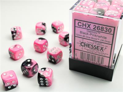 Gemini® 12mm D6 Dice Set - 36 Black Pink & White Dice for Tabletop RPGs, Board Games, D&D, MTG and Collectors - Premium Polyhedral Gaming Dice