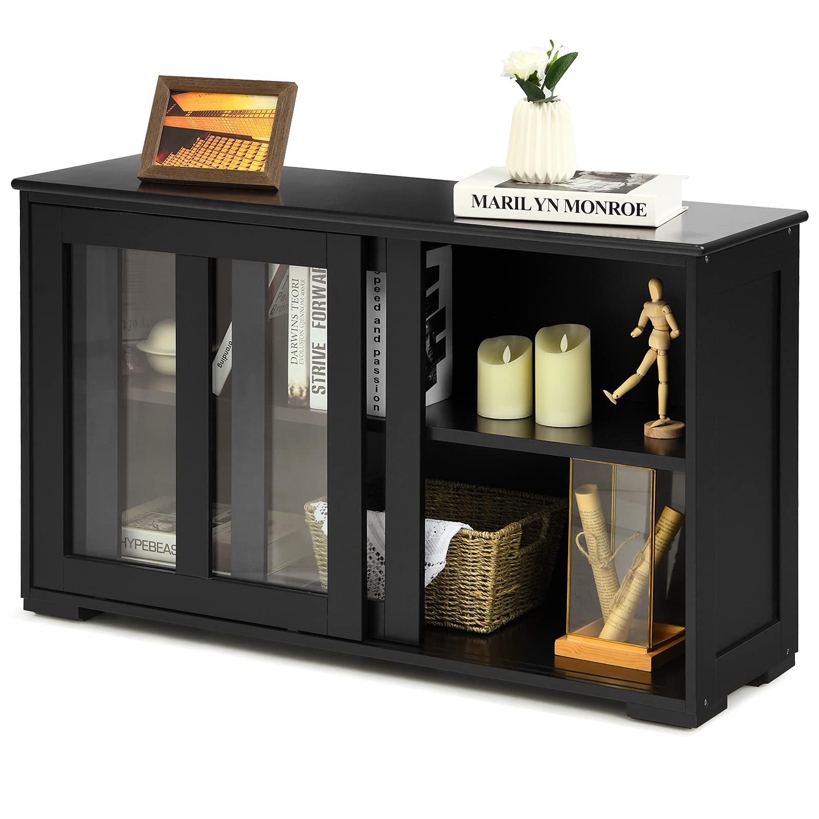 Stackable Sideboard Buffet Cabinet with Adjustable Shelves & Glass Sliding Doors - Wooden Storage Credenza for Kitchen, Dining Room, Living Room & Entryway - Perfect for Coffee Bar Setup, Home Organization & Stylish Storage (Black)
