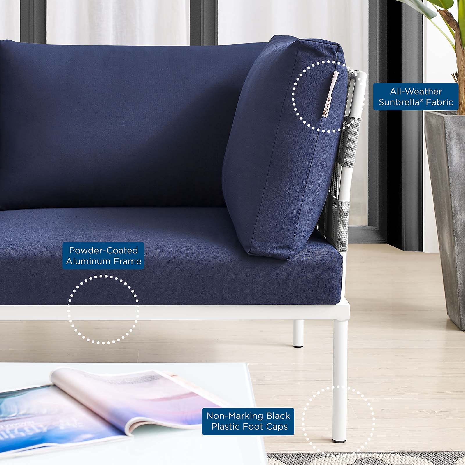 Modern Aluminum Lounge Sectional Sofa Set with Coffee Table - Gray & Navy Outdoor Patio Furniture for Garden, Poolside, and Backyard Relaxation