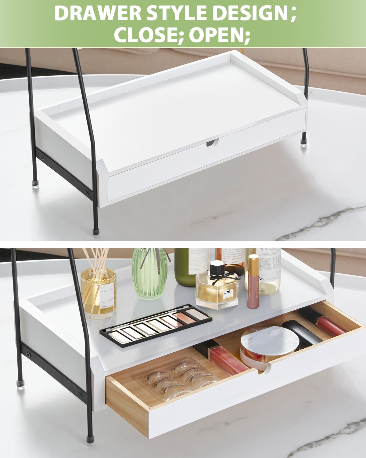 2-Tier Solid Wood Bathroom Organizer with Drawer - White and Black Countertop Vanity Tray for Bathroom Storage & Organization | Perfect for Makeup, Jewelry, Skincare Essentials in Master Bath or Guest Room