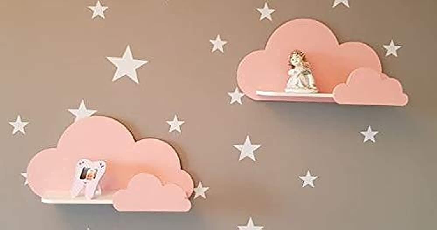 Happy Woody Set of 2 Cloud-Shaped Floating Wall Shelves - Natural Wood Nursery Shelves for Baby Room Decor, Kids Wall Storage & Organization - Perfect for Displaying Books, Toys & Decor in Soft Pink
