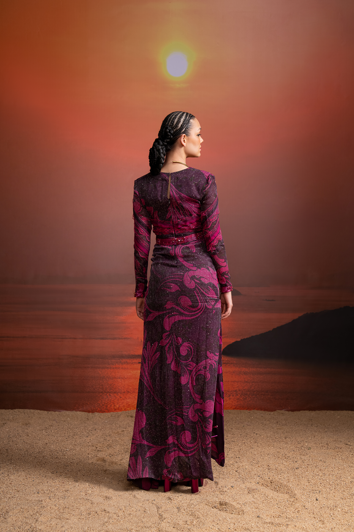 Fuchsia Swirl Printed Chantilly Lace Detailed Draped Dress for Women - Elegant Evening Gown for Parties, Weddings & Special Occasions