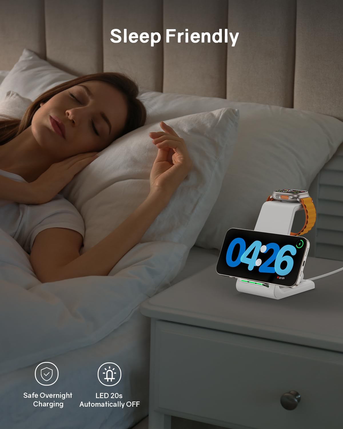 3-in-1 Wireless Charging Station for iPhone 16/15/14/13/12, Apple Watch 8/7/SE/6/5/4/3/2, AirPods Pro/3/2 & Samsung Phones - Fast Qi-Certified Charger Stand Dock for Bedside, Office & Travel