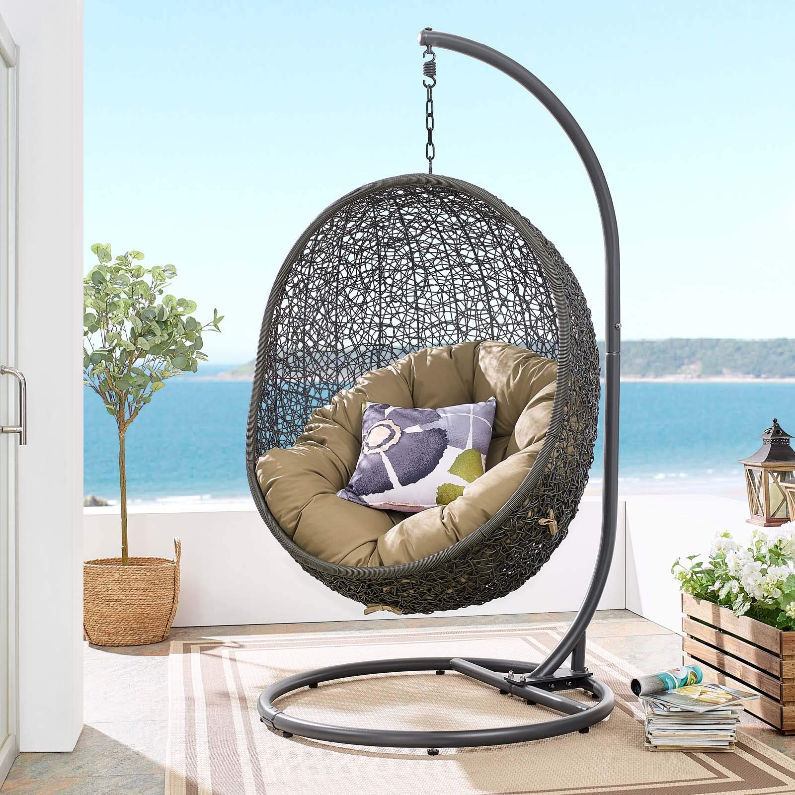 Modway EEI-2273-GRY-MOC Gray Mocha Outdoor Wicker Egg Swing Chair with Stand - Rattan Patio Lounge Chair for Porch, Garden & Backyard Relaxation