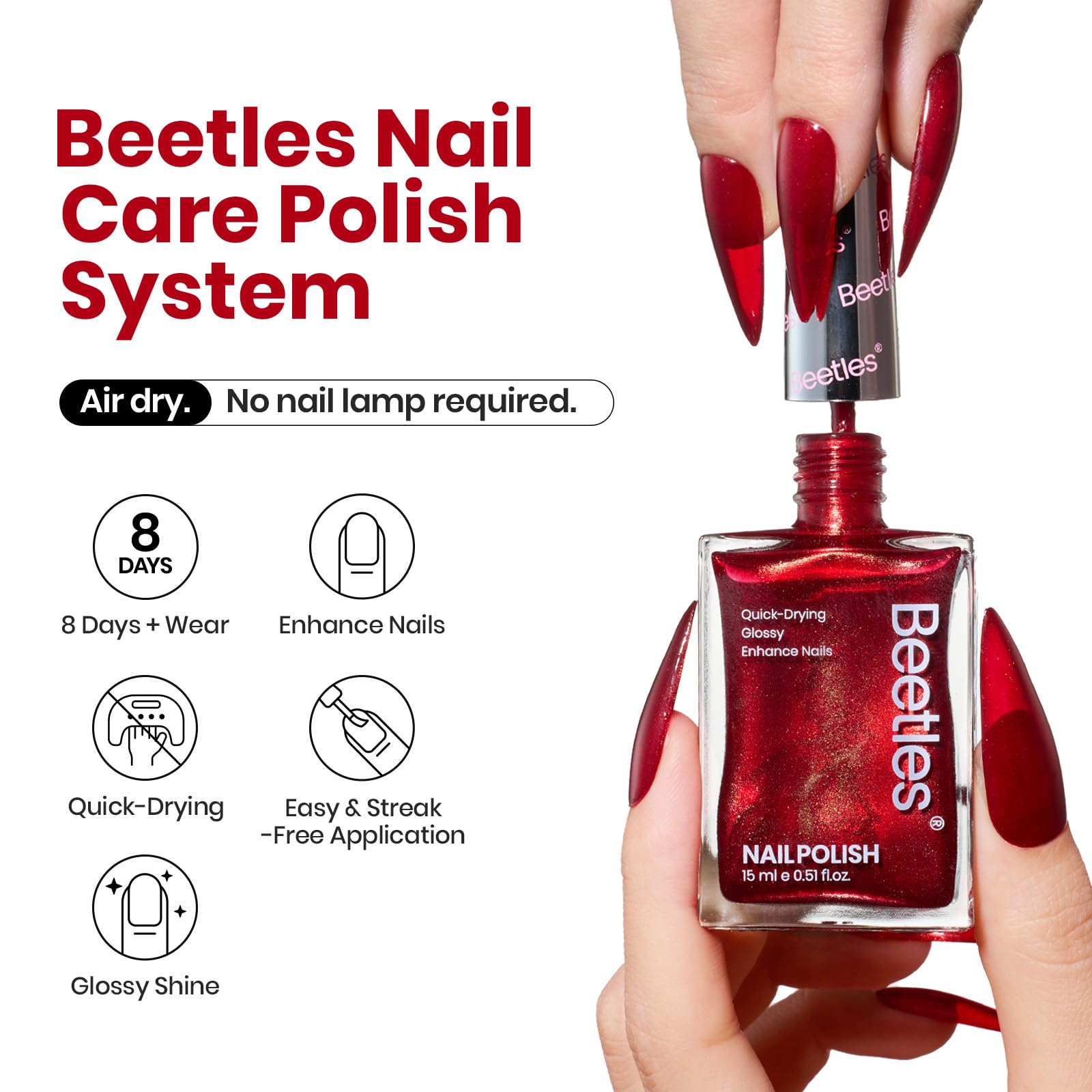 Beetles Red Glitter Nail Polish - 15ml Ruby Radiance Shimmer Nail Lacquer for DIY Manicure & Nail Salon | Long-Lasting Air-Dry Formula for Parties, Weddings & Special Occasions