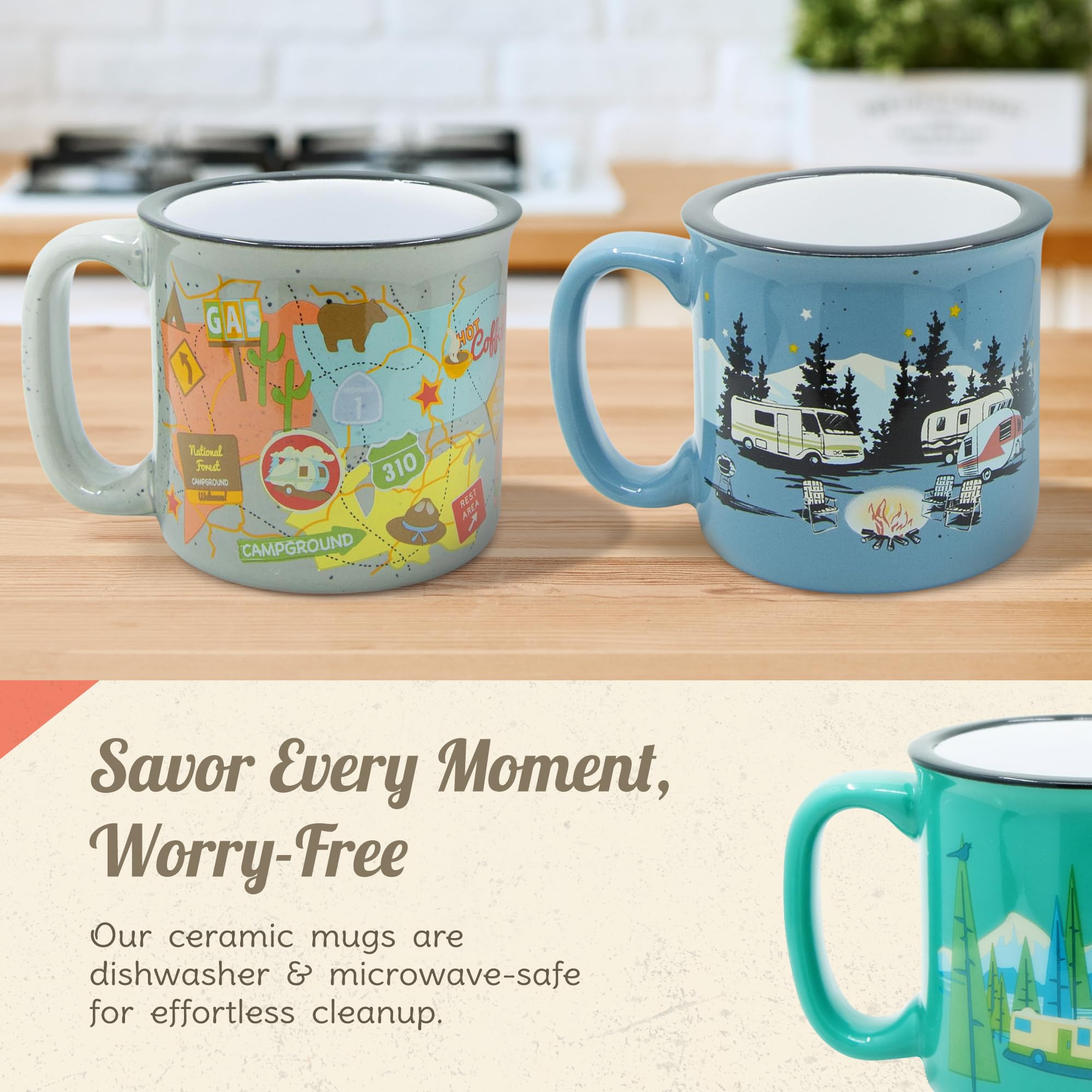Retro Ceramic Camping Mug 15oz - Hot & Cold Drinks for Coffee, Tea, Soup - Microwave Safe for Outdoor & Home Use